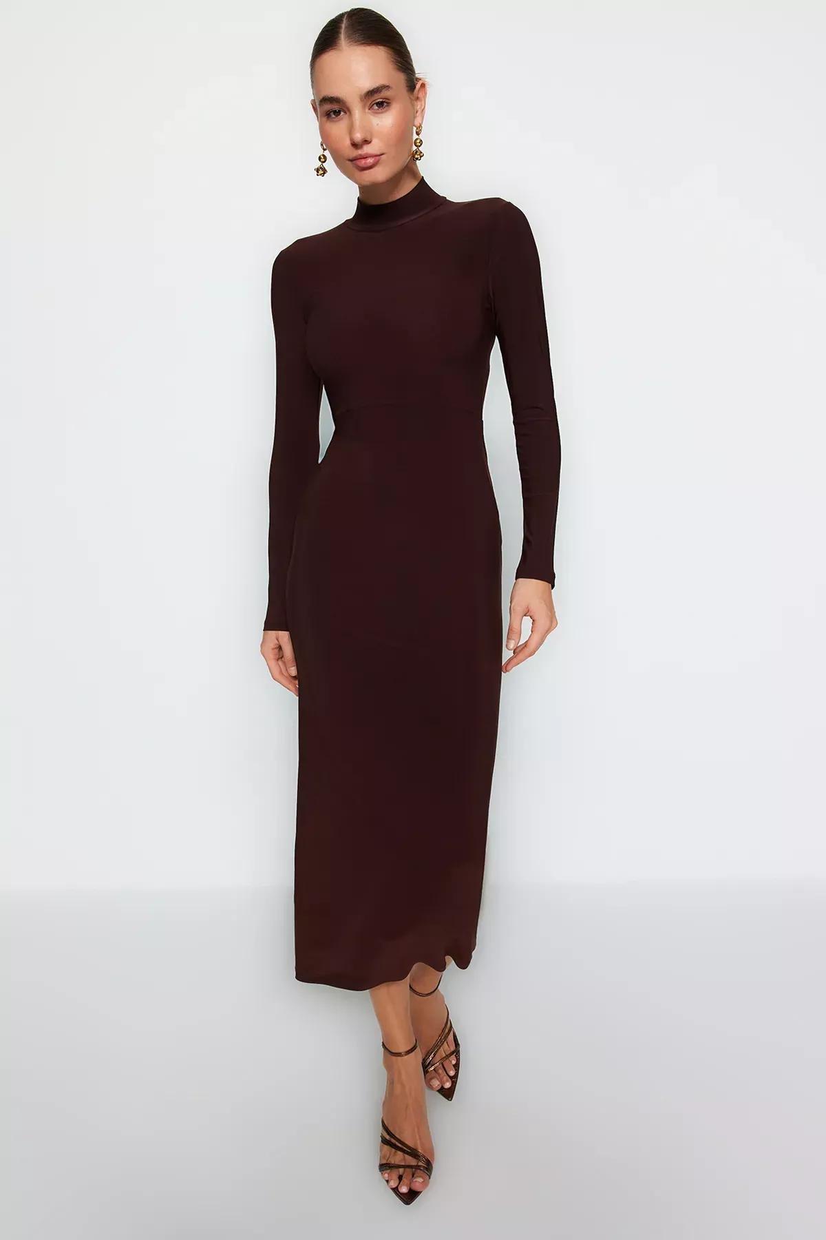 Stand-Up Collar Ribbed Bodycon Maxi, , medium