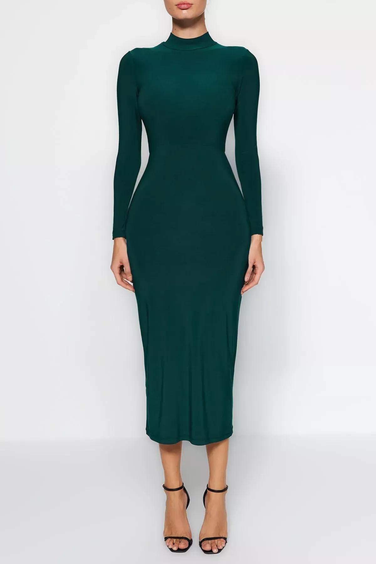 Green Stand-Up Collar Knitted Maxi Dress, , large image number 0