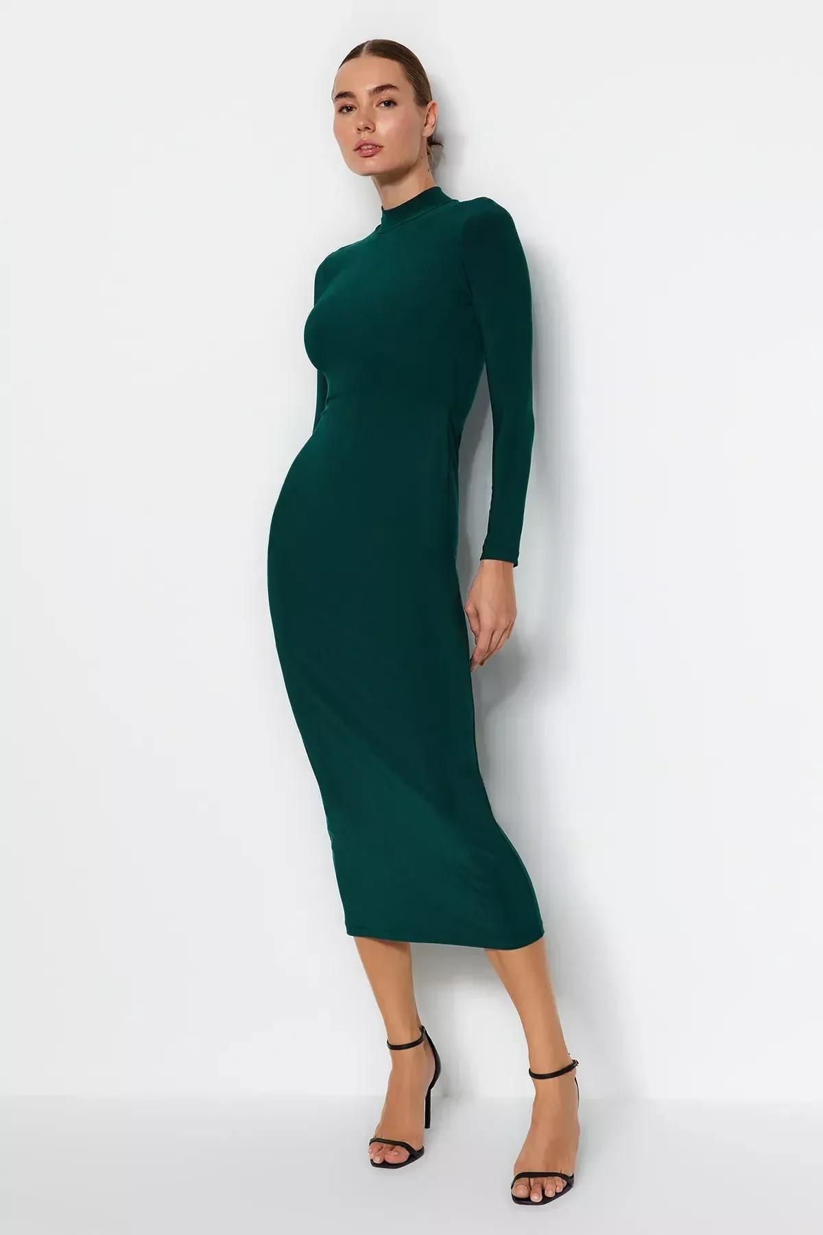 Green Stand-Up Collar Knitted Maxi Dress, , large image number 1