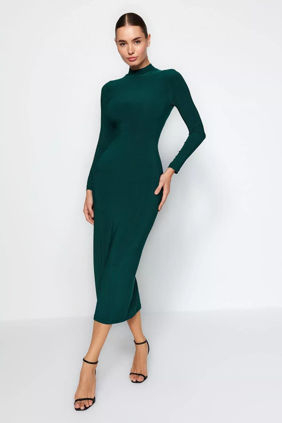 Green Stand-Up Collar Knitted Maxi Dress, , large image number 2
