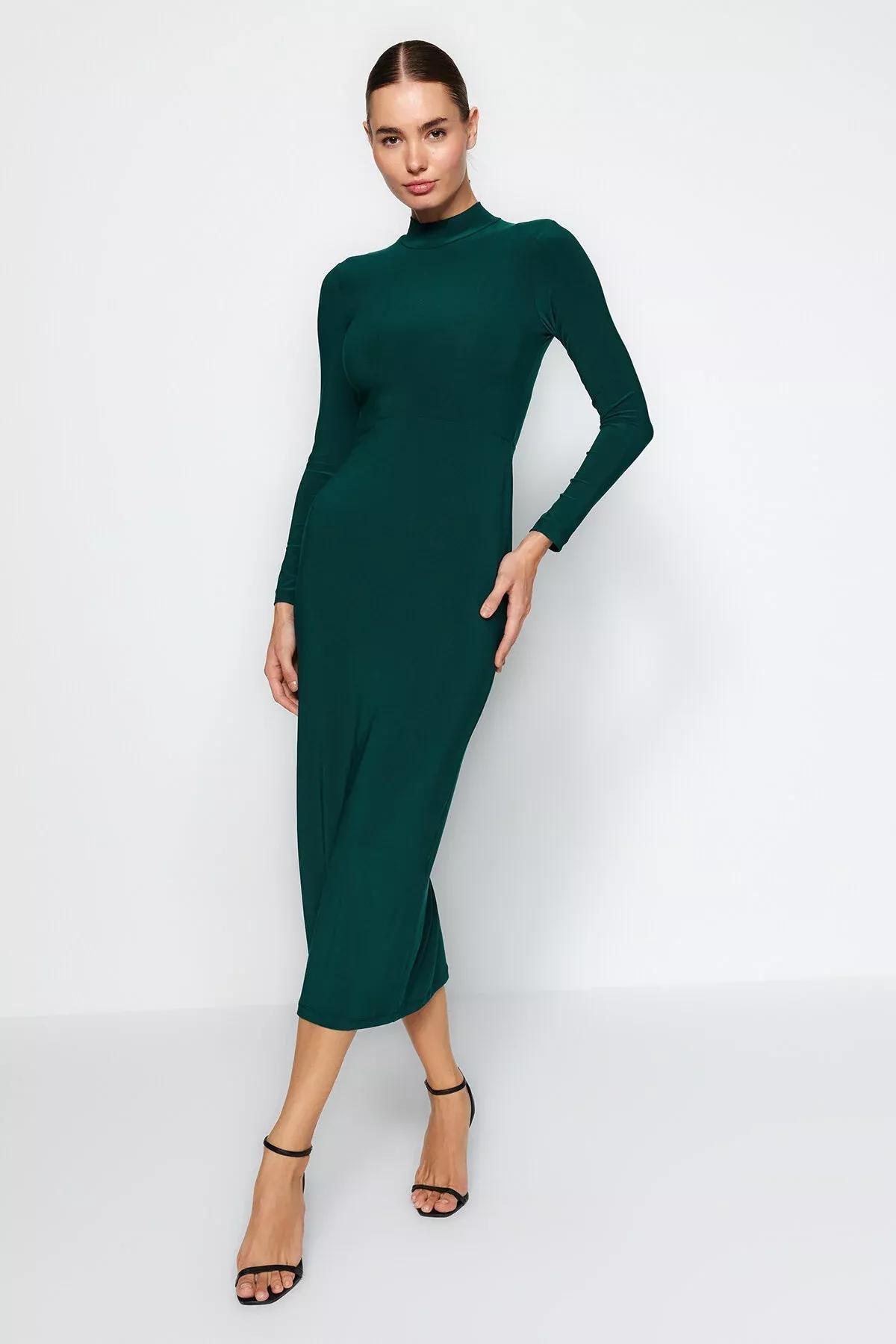Green Stand-Up Collar Knitted Maxi Dress, , large image number 3
