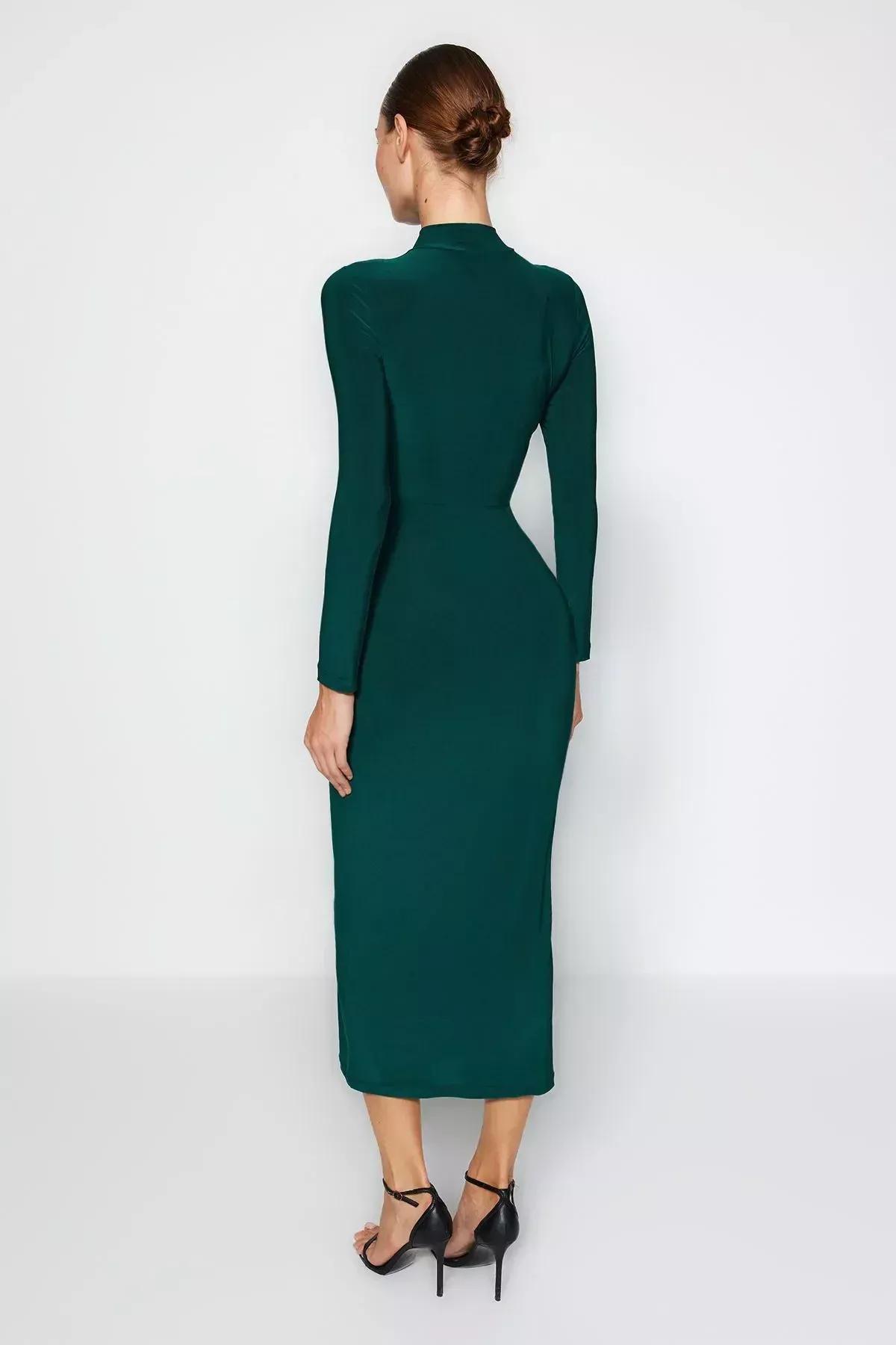 Green Stand-Up Collar Knitted Maxi Dress, , large image number 5