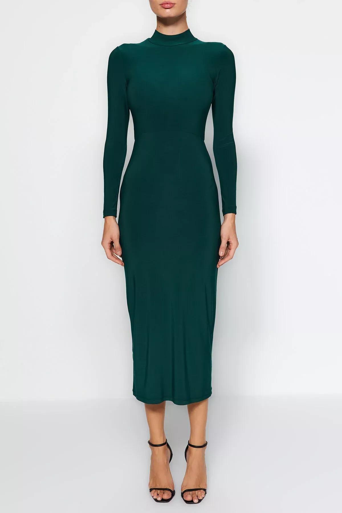 Green Stand-Up Collar Knitted Maxi Dress, , large image number 6