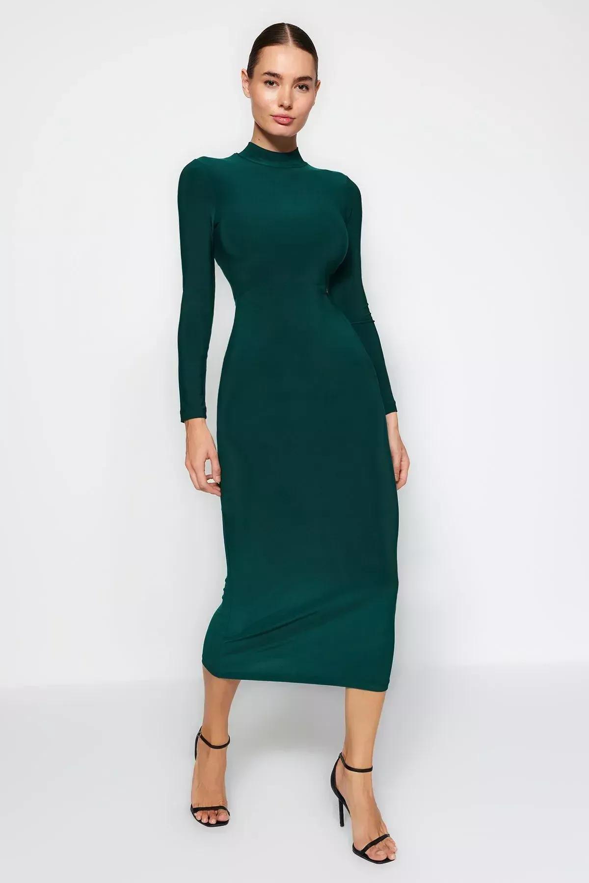Green Stand-Up Collar Knitted Maxi Dress, , large image number 8
