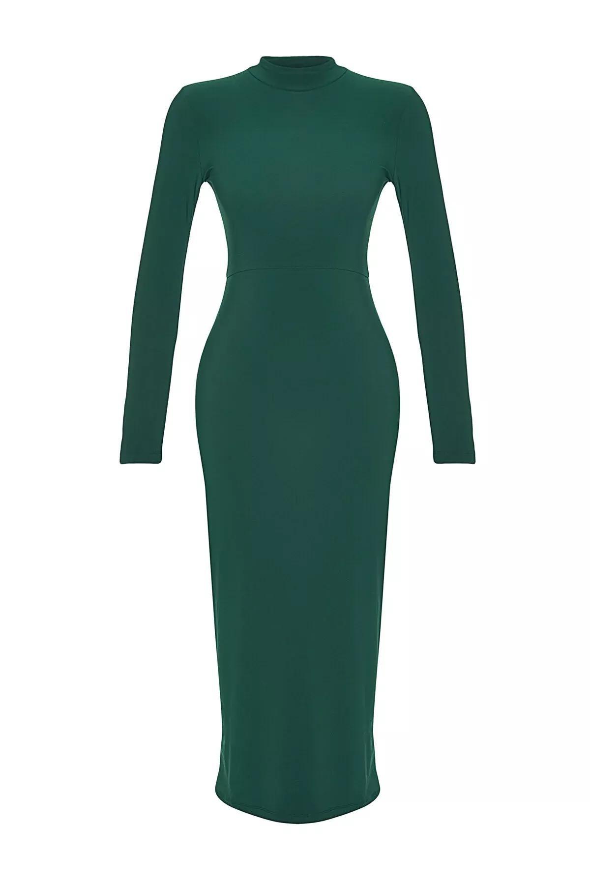 Green Stand-Up Collar Knitted Maxi Dress, , large image number 9