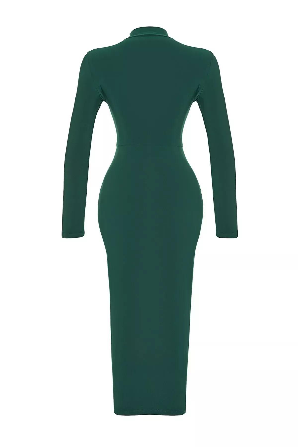 Green Stand-Up Collar Knitted Maxi Dress, , large image number 12