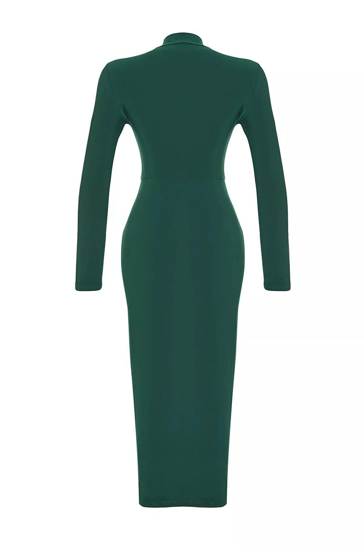 Green Stand-Up Collar Knitted Maxi Dress, , large image number 13