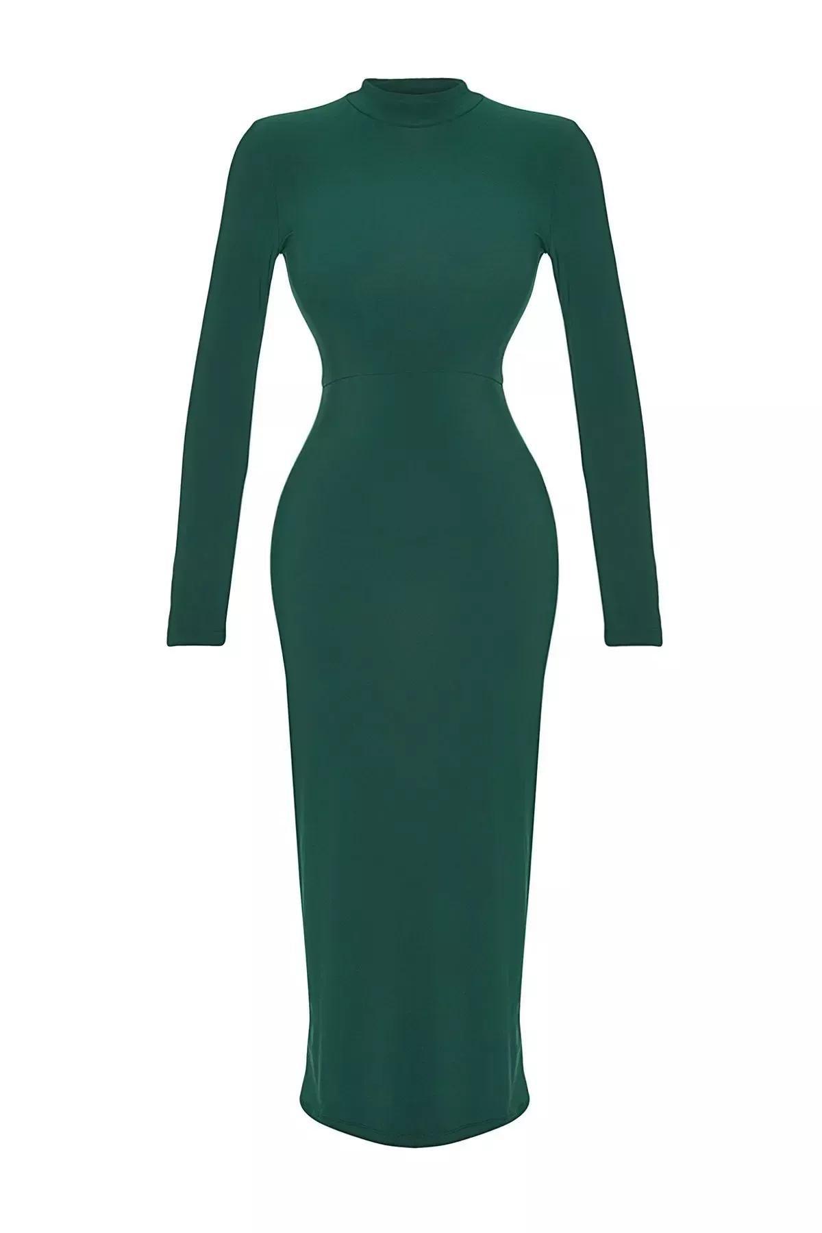 Green Stand-Up Collar Knitted Maxi Dress, , large image number 14