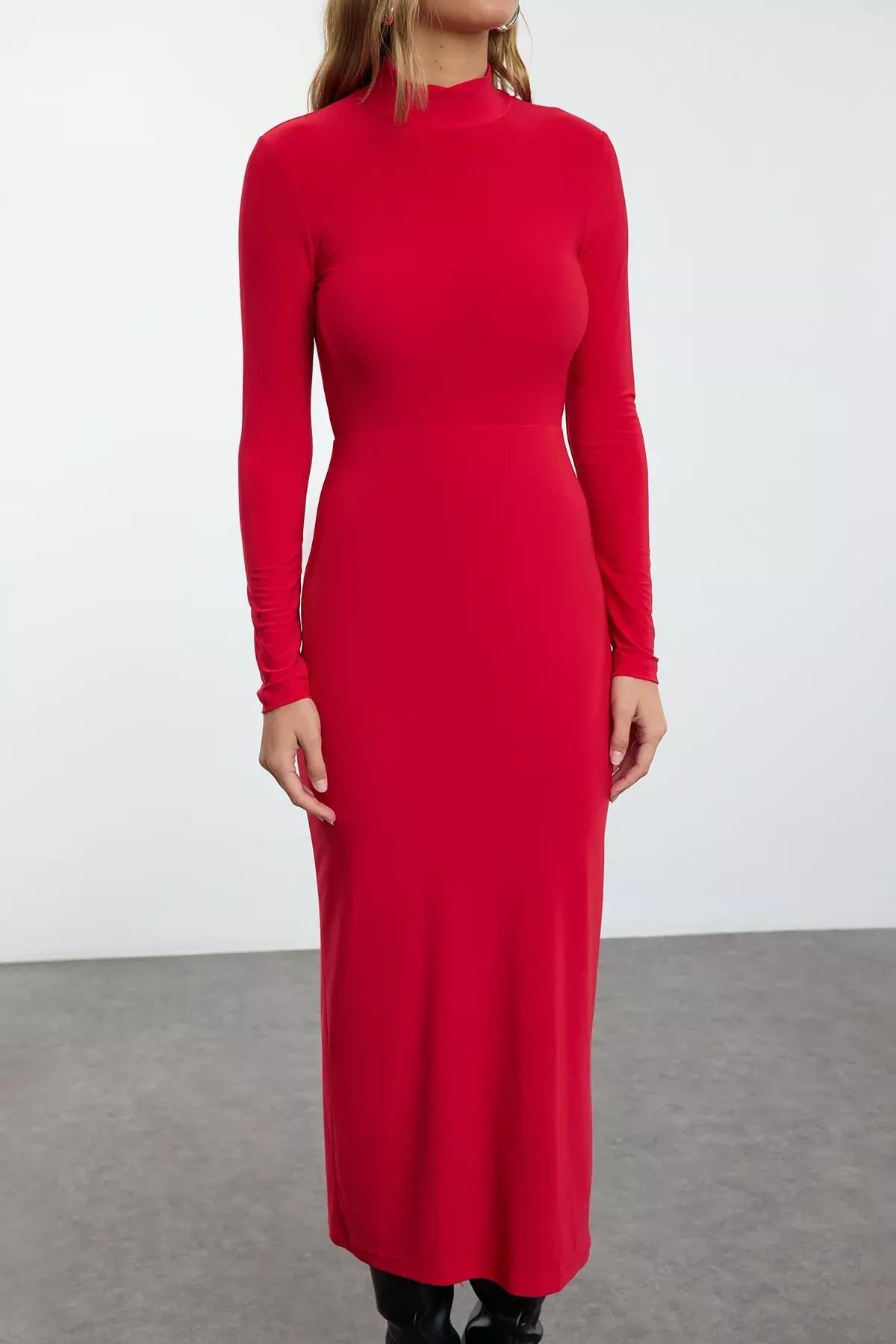 فستان طويل مُحاك بقصة ضيقة بحمالات، أحمر, Red, large image number 2