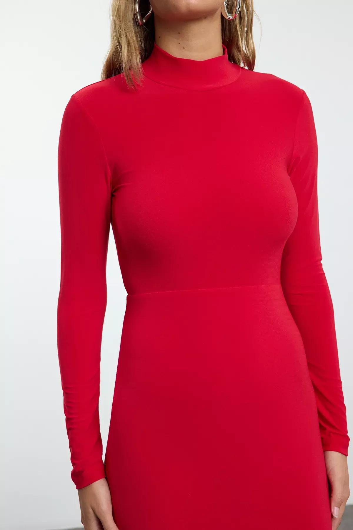 فستان طويل مُحاك بقصة ضيقة بحمالات، أحمر, Red, large image number 3