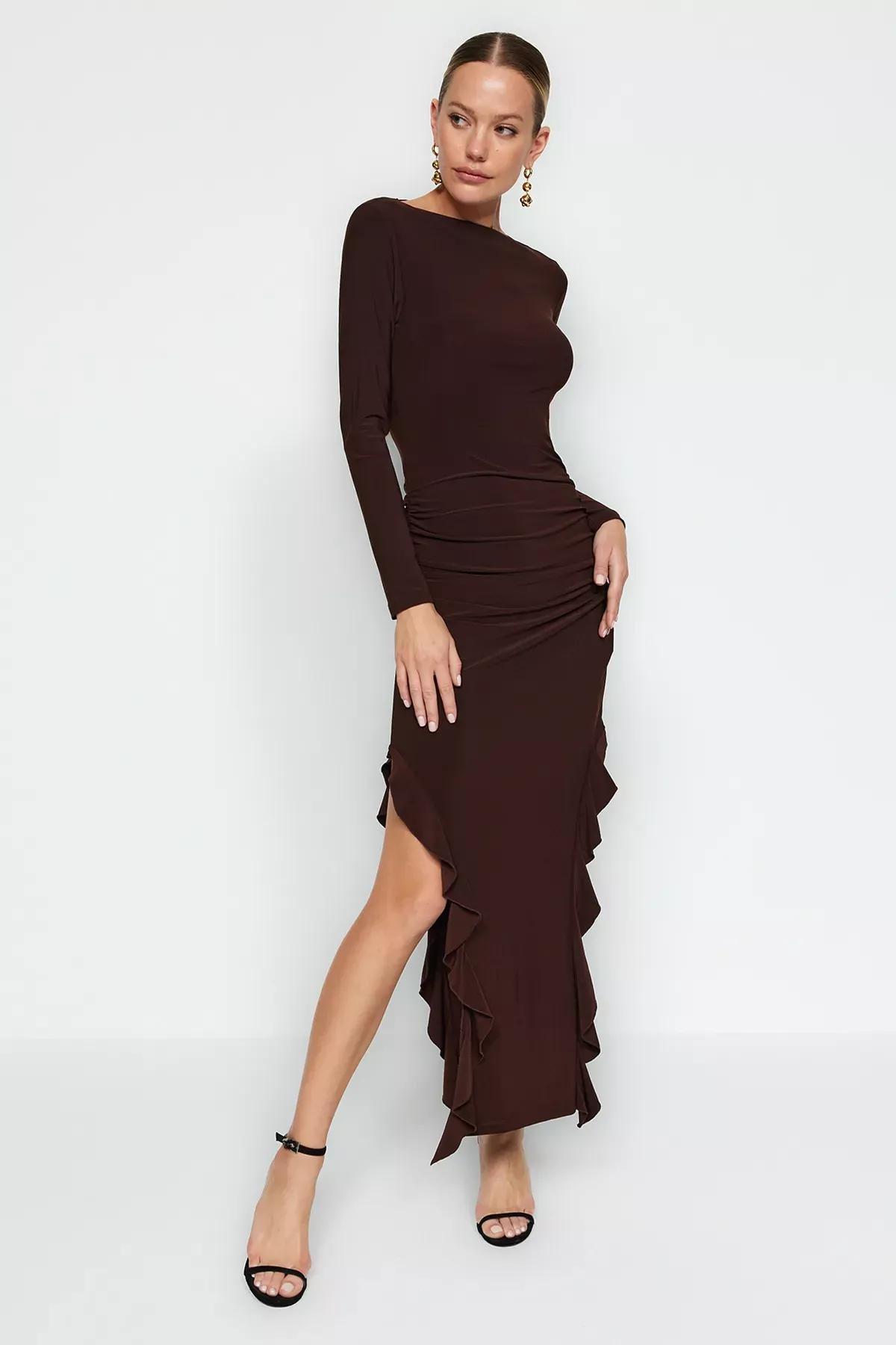 Brown Flared Stretch Knitted Maxi Dress, , large image number 0
