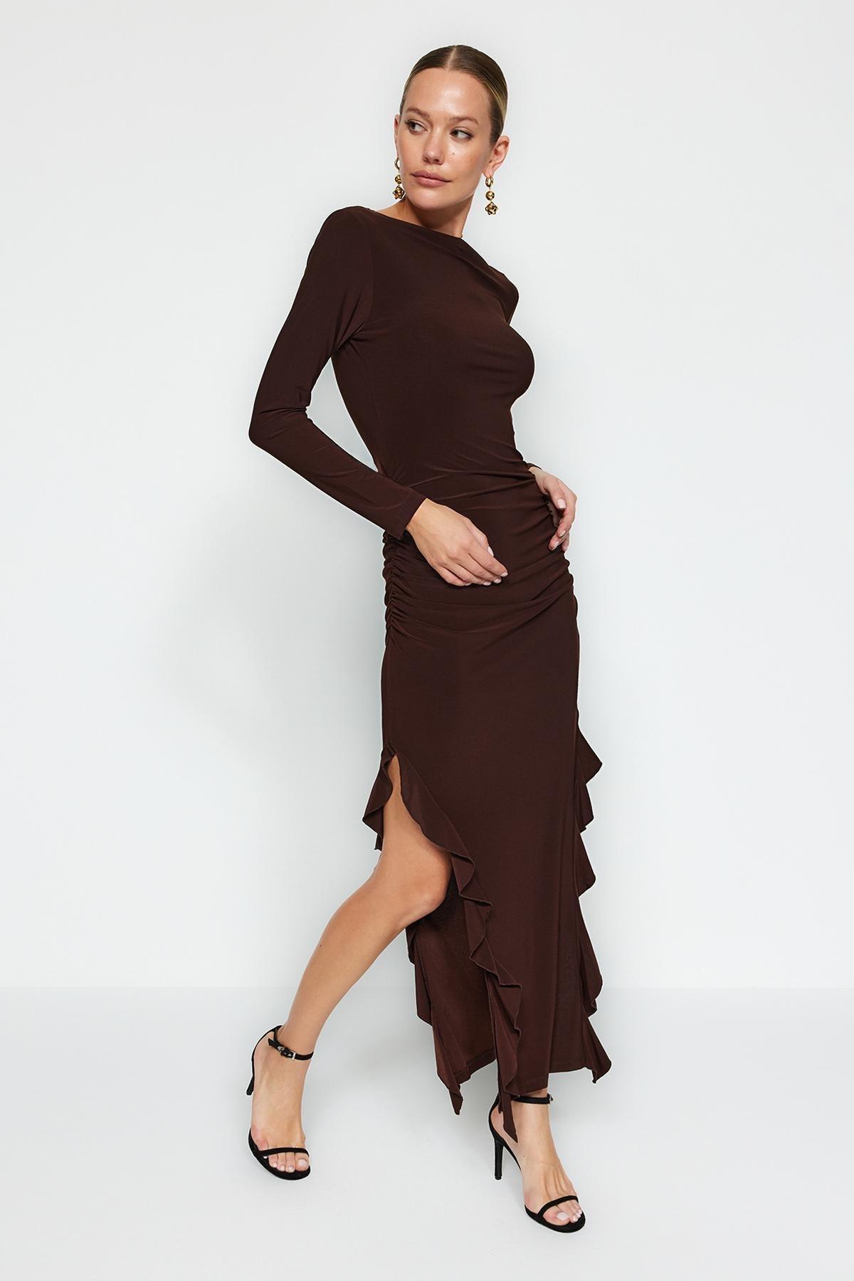 Brown Flared Stretch Knitted Maxi Dress, , large image number 1