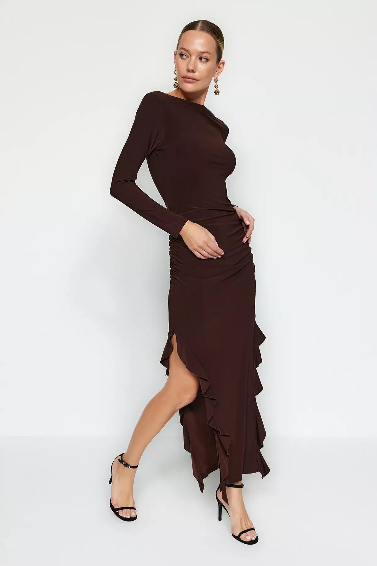 Brown Flared Stretch Knitted Maxi Dress, , large image number 1