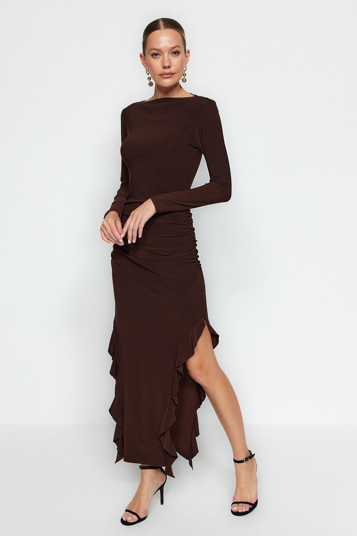 Brown Flared Stretch Knitted Maxi Dress, , large image number 2