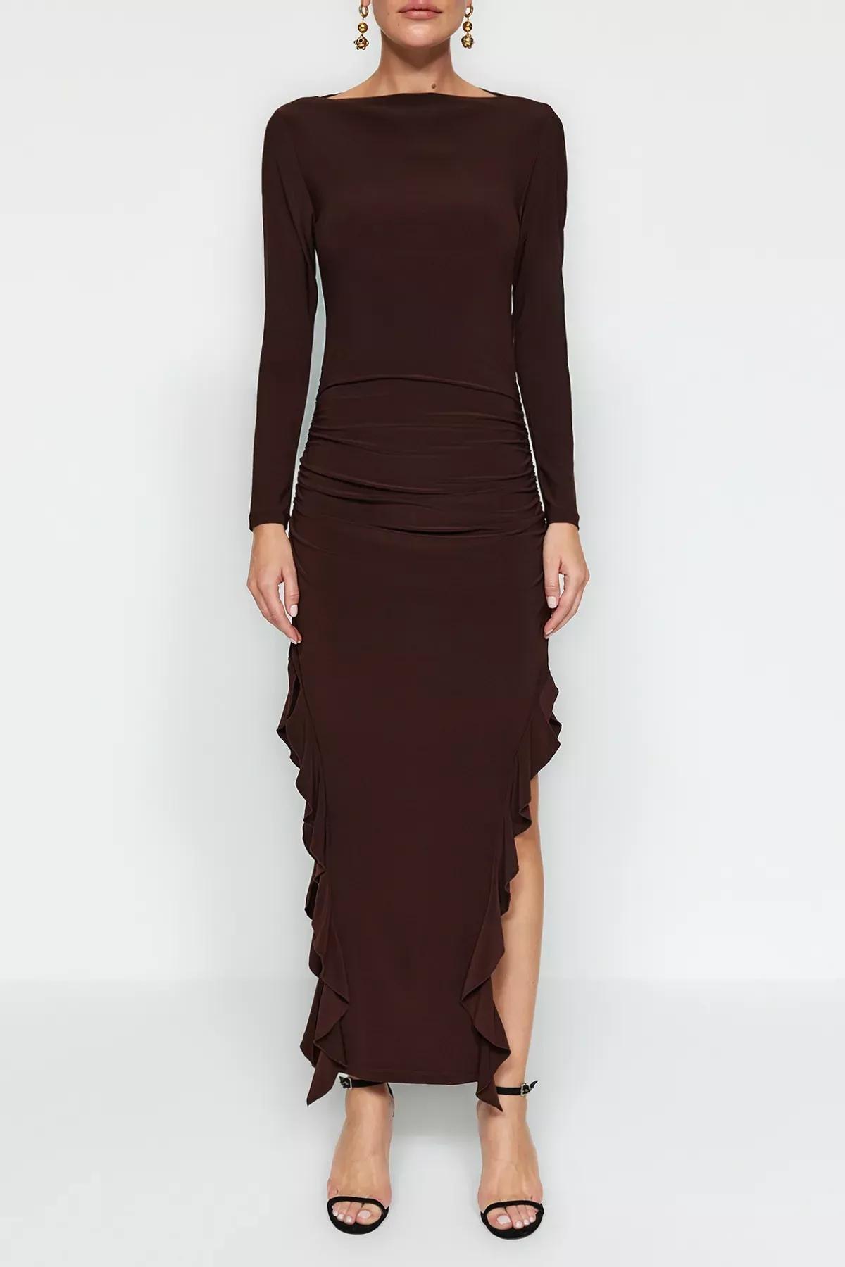 Brown Flared Stretch Knitted Maxi Dress, , large image number 3