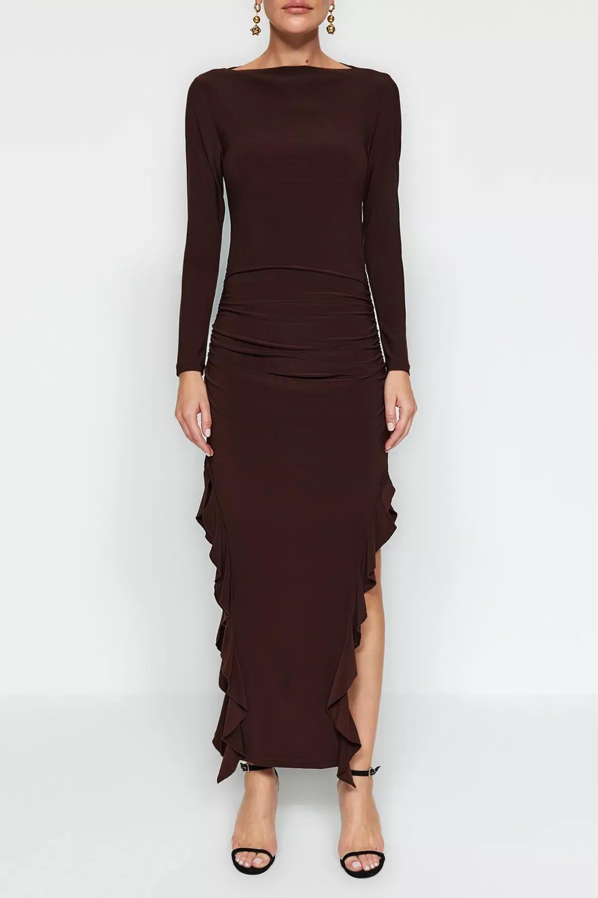 Trendyol - Brown Flared Stretch Knitted Maxi Dress