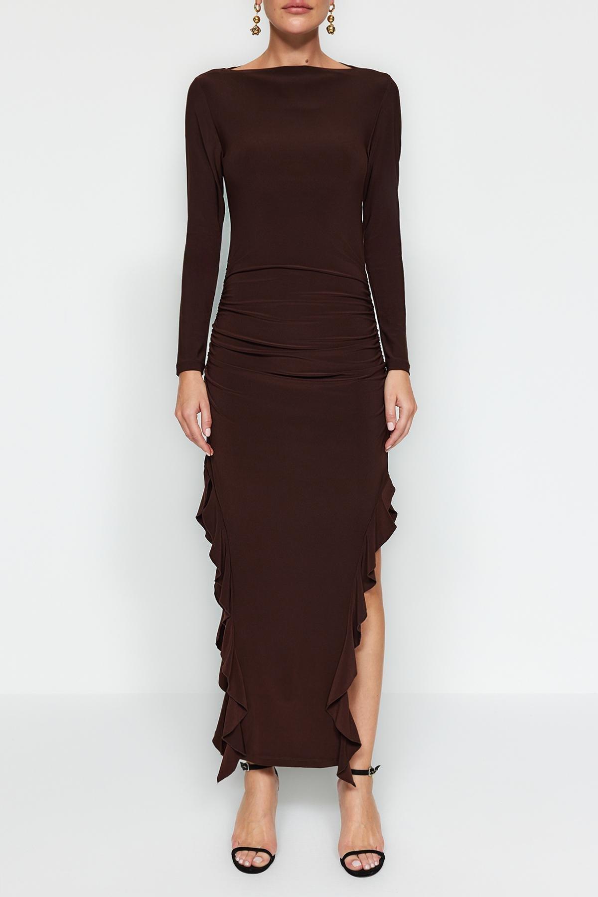 Brown Flared Stretch Knitted Maxi Dress, , large image number 3