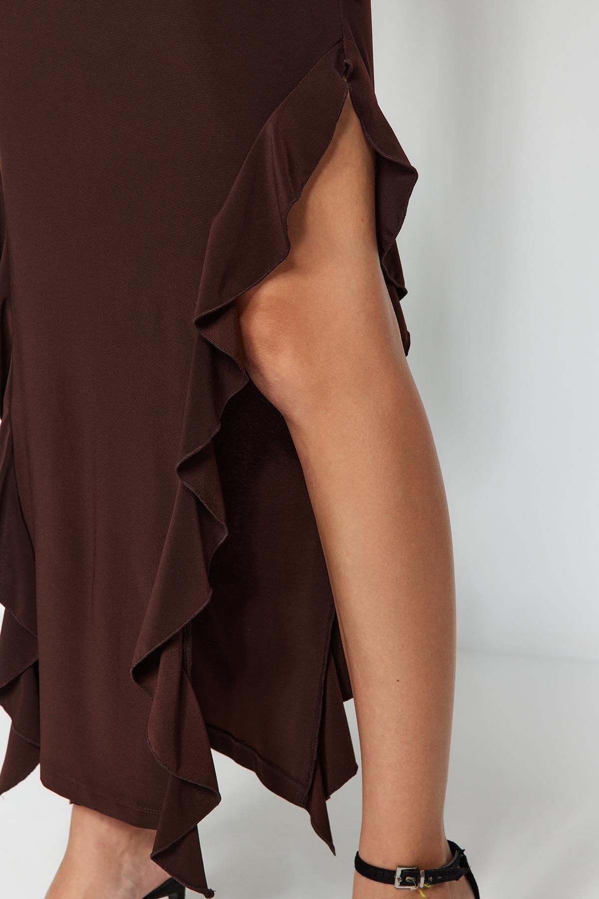 Brown Flared Stretch Knitted Maxi Dress, , large image number 4