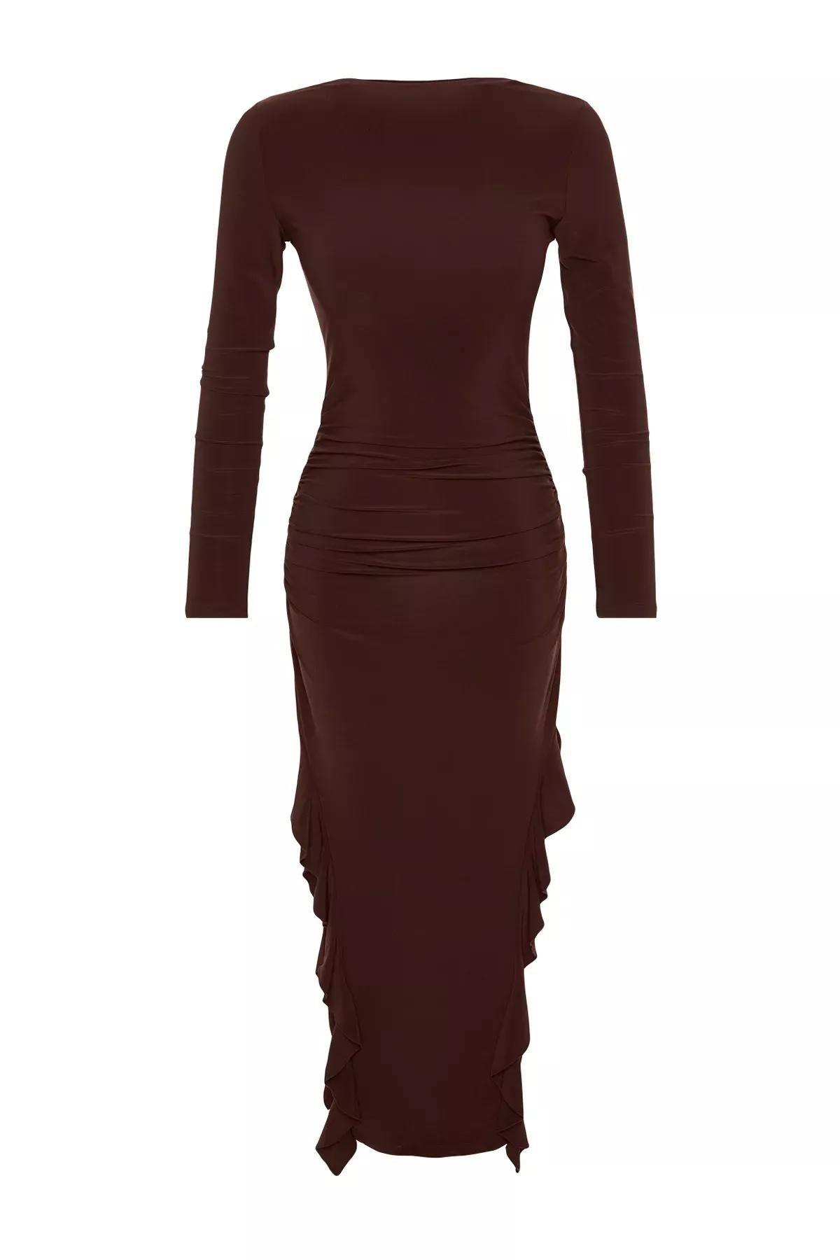 Brown Flared Stretch Knitted Maxi Dress, , large image number 5