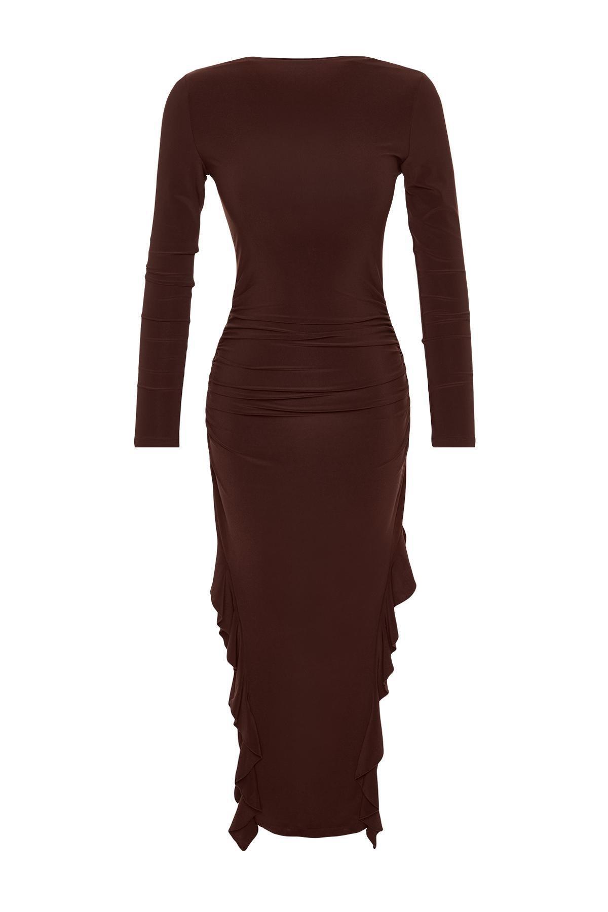Brown Flared Stretch Knitted Maxi Dress, , large image number 5