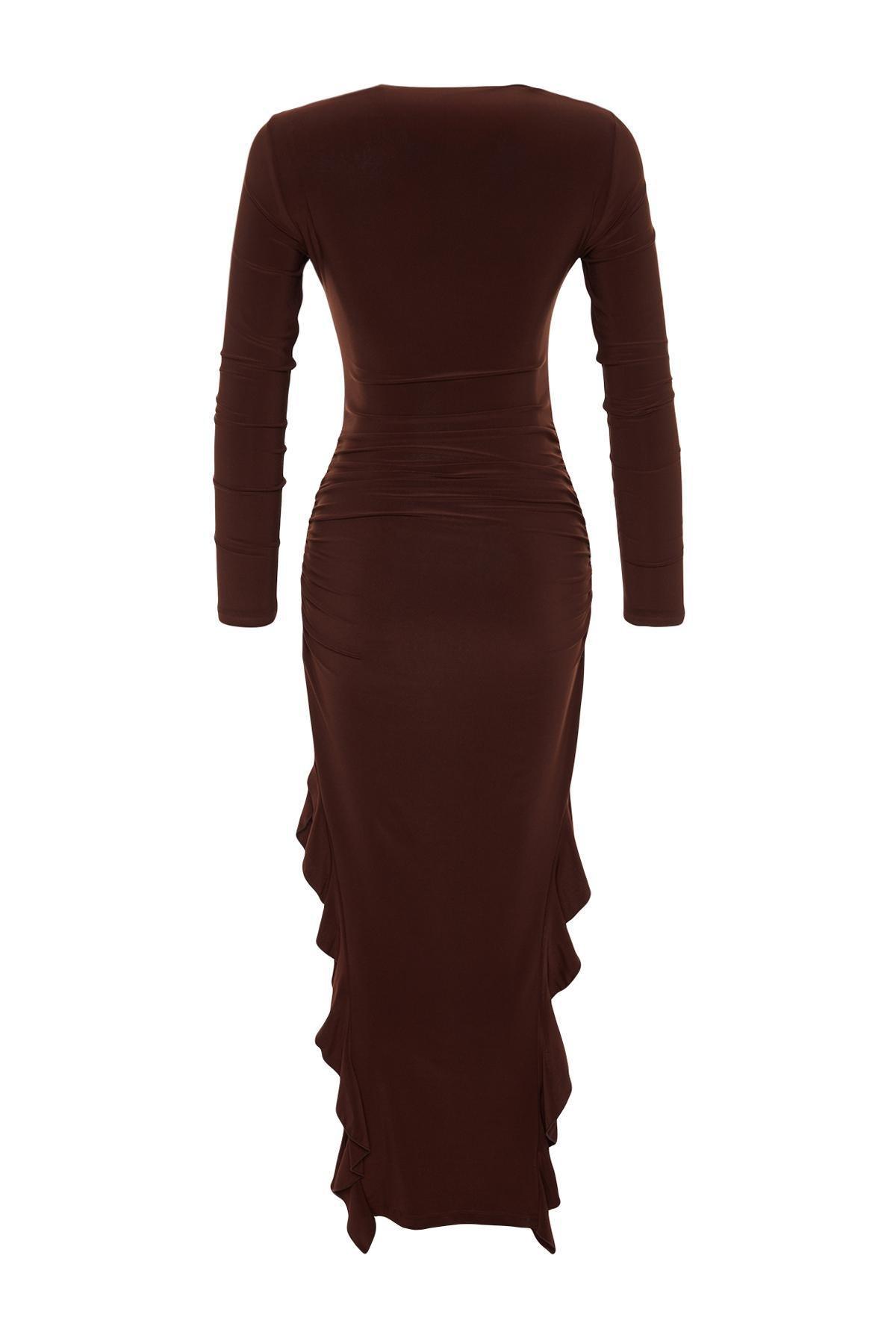 Brown Flared Stretch Knitted Maxi Dress, , large image number 6