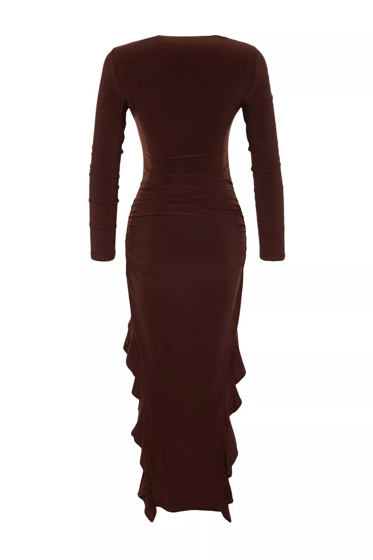 Brown Flared Stretch Knitted Maxi Dress, , large image number 6