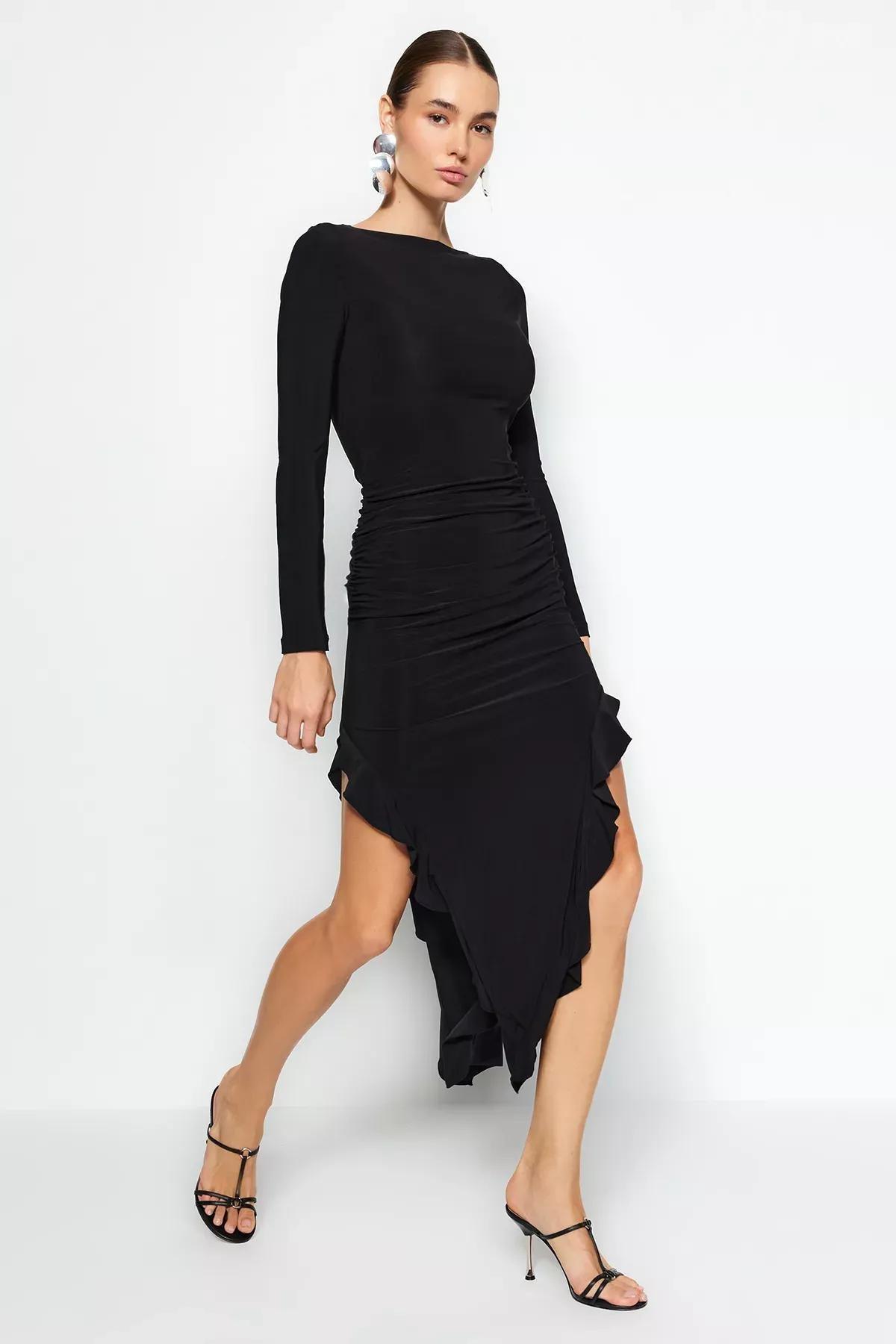 Black Flared Stretch Knitted Maxi Dress, , large image number 1