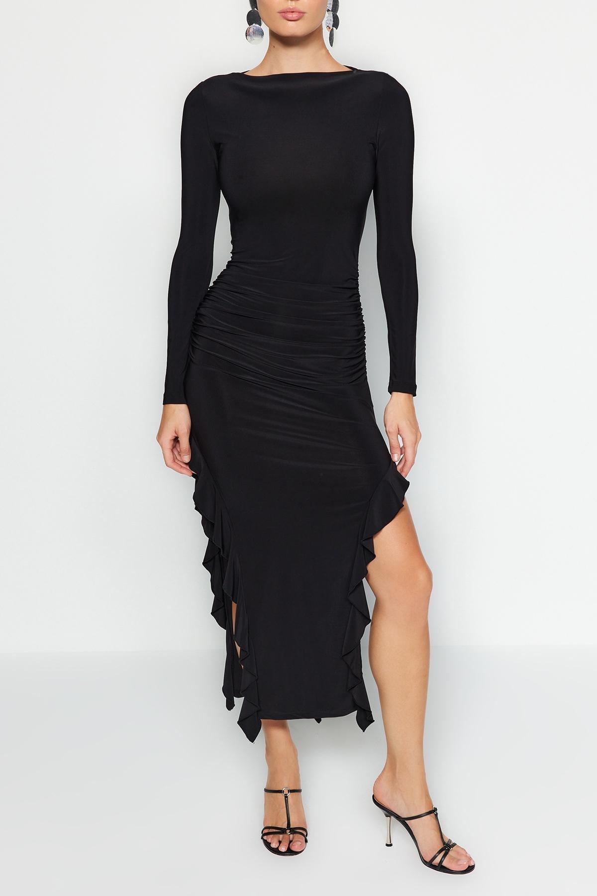 Black Flared Stretch Knitted Maxi Dress, , large image number 3