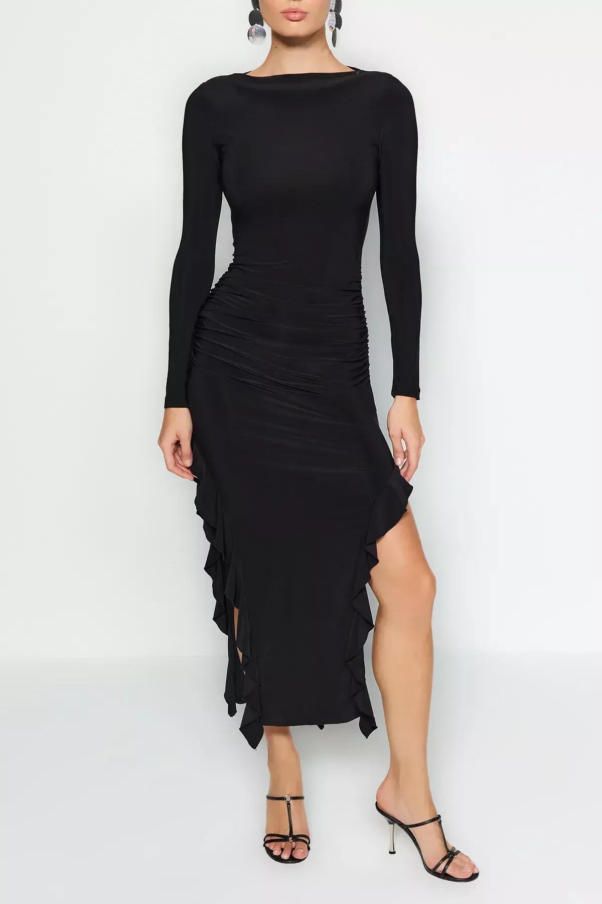 Black Flared Stretch Knitted Maxi Dress, , large image number 3
