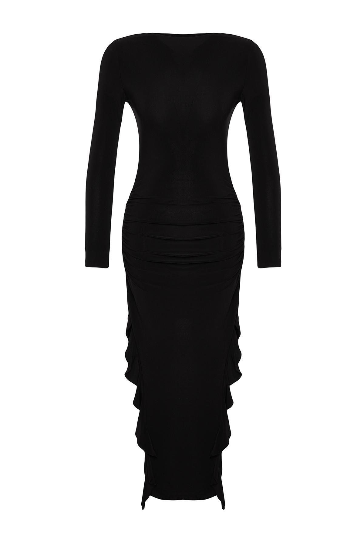 Black Flared Stretch Knitted Maxi Dress, , large image number 5