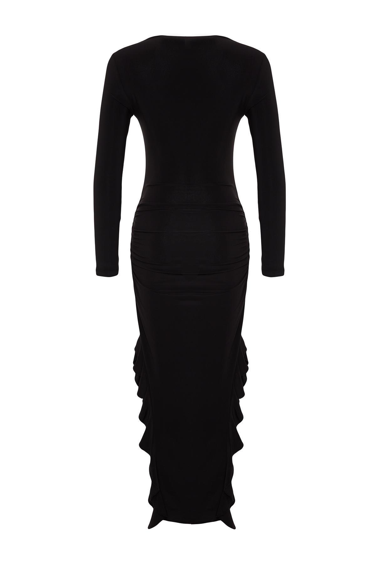 Black Flared Stretch Knitted Maxi Dress, , large image number 7