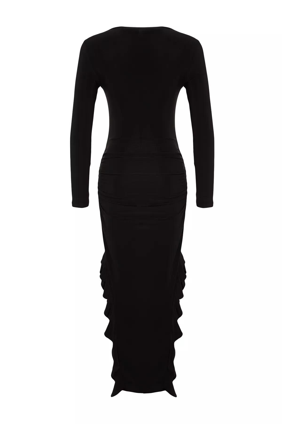 Black Flared Stretch Knitted Maxi Dress, , large image number 7