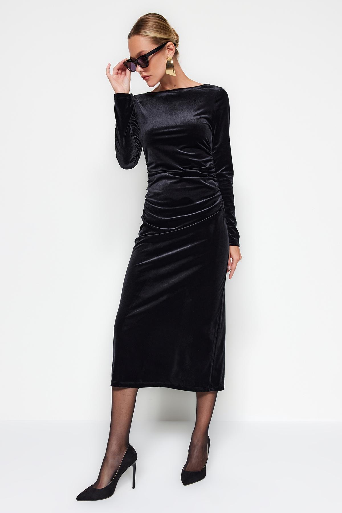 Black Velvet Pleated Flexible Maxi Dress, , large image number 1