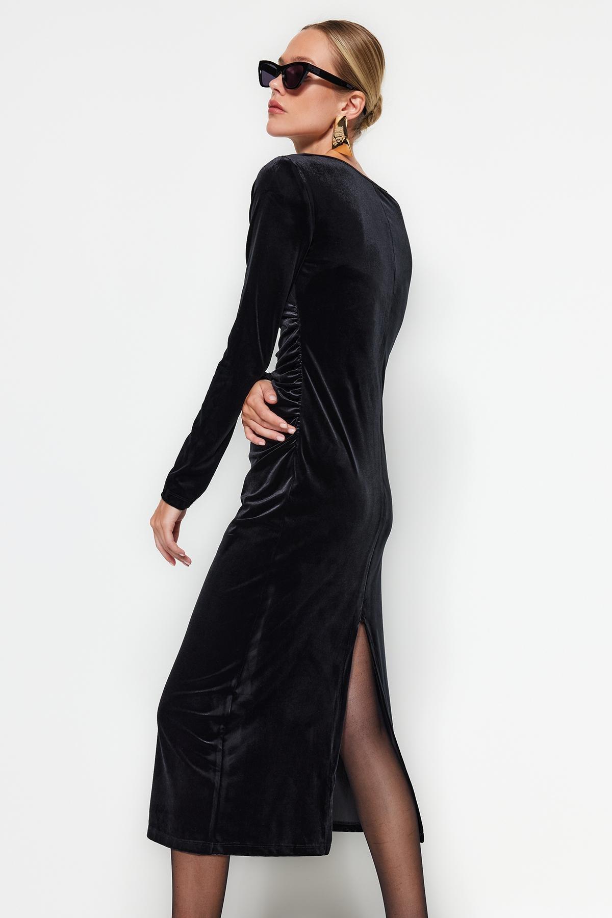 Black Velvet Pleated Flexible Maxi Dress, , large image number 2