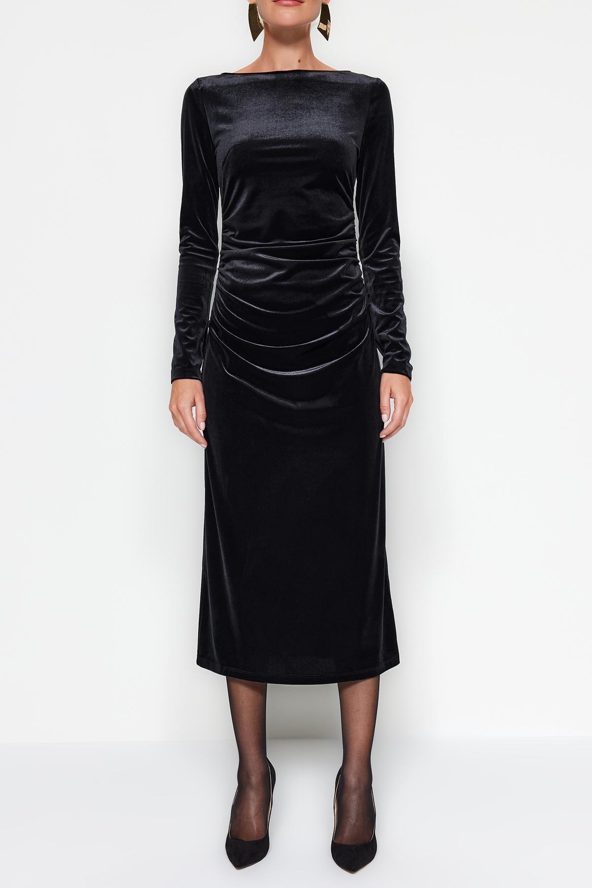 Black Velvet Pleated Flexible Maxi Dress, , large image number 3