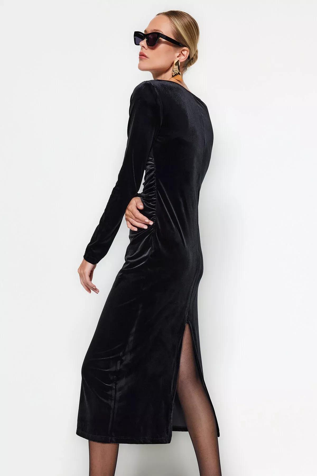 Black Velvet Pleated Flexible Maxi Dress, BLACK, medium