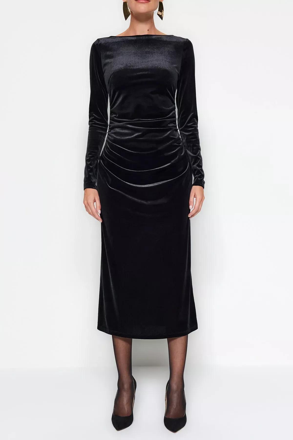 Black Velvet Pleated Flexible Maxi Dress, BLACK, medium