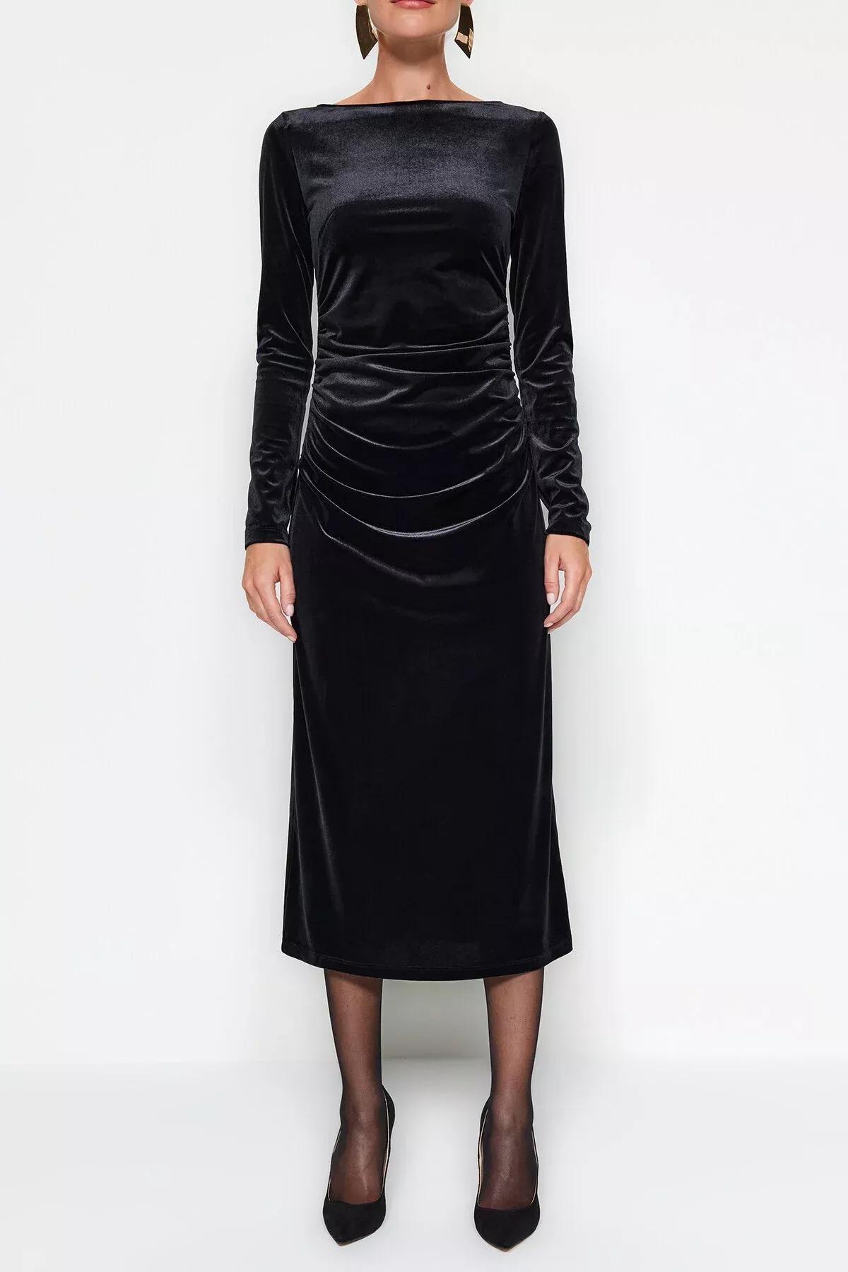 Black Velvet Pleated Flexible Maxi Dress, BLACK, medium