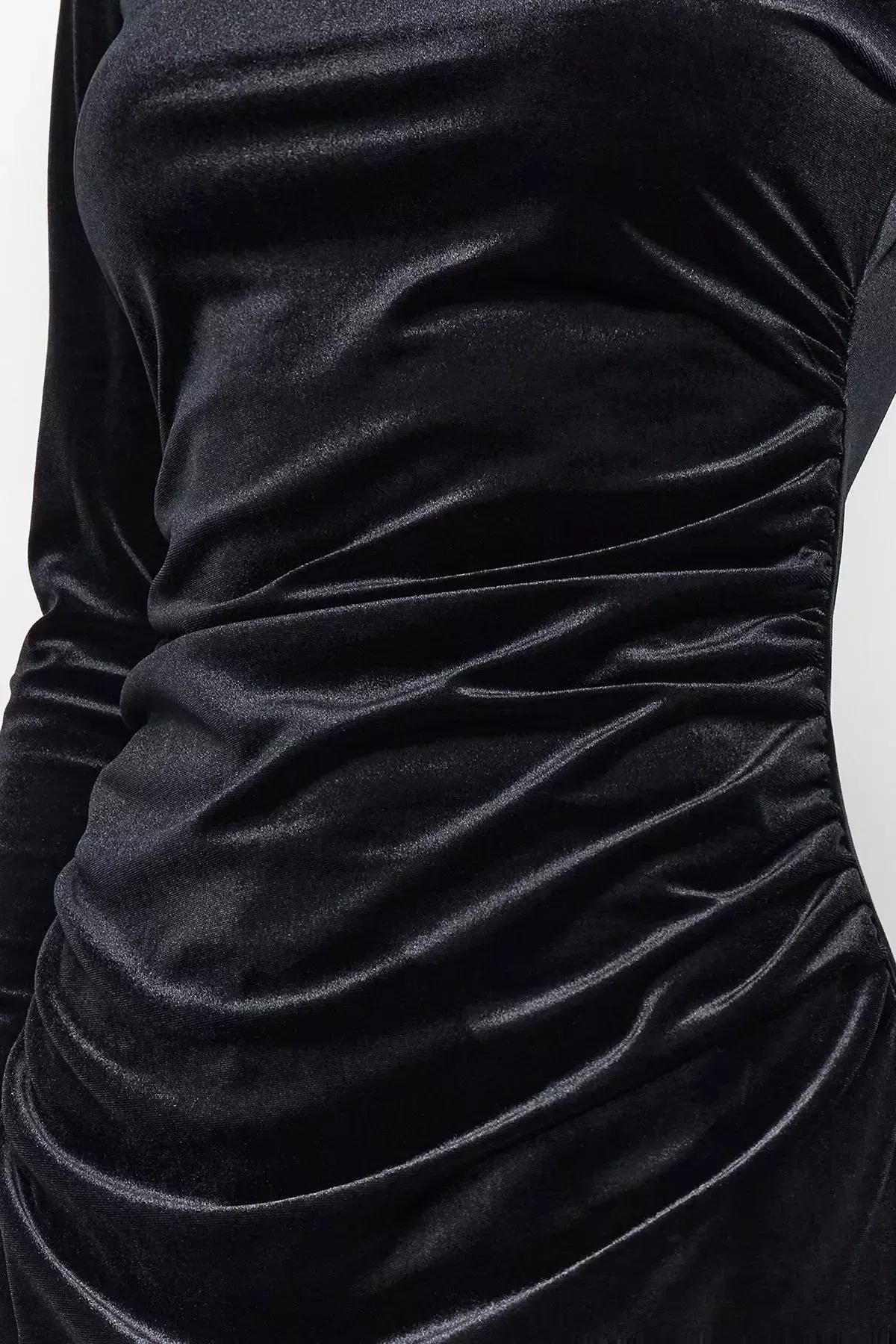 Black Velvet Pleated Flexible Maxi Dress, BLACK, large image number 8