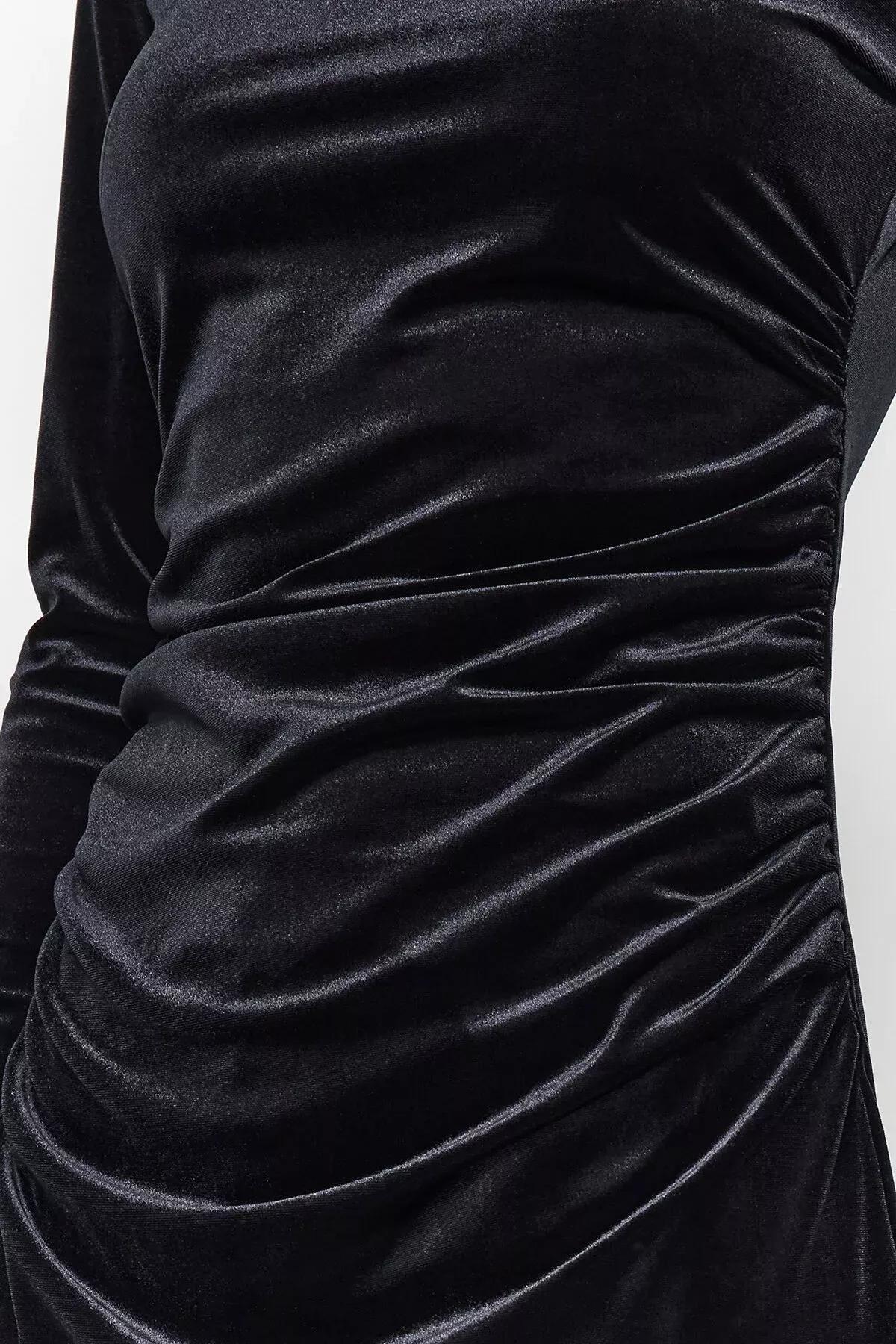 Black Velvet Pleated Flexible Maxi Dress, BLACK, large image number 9