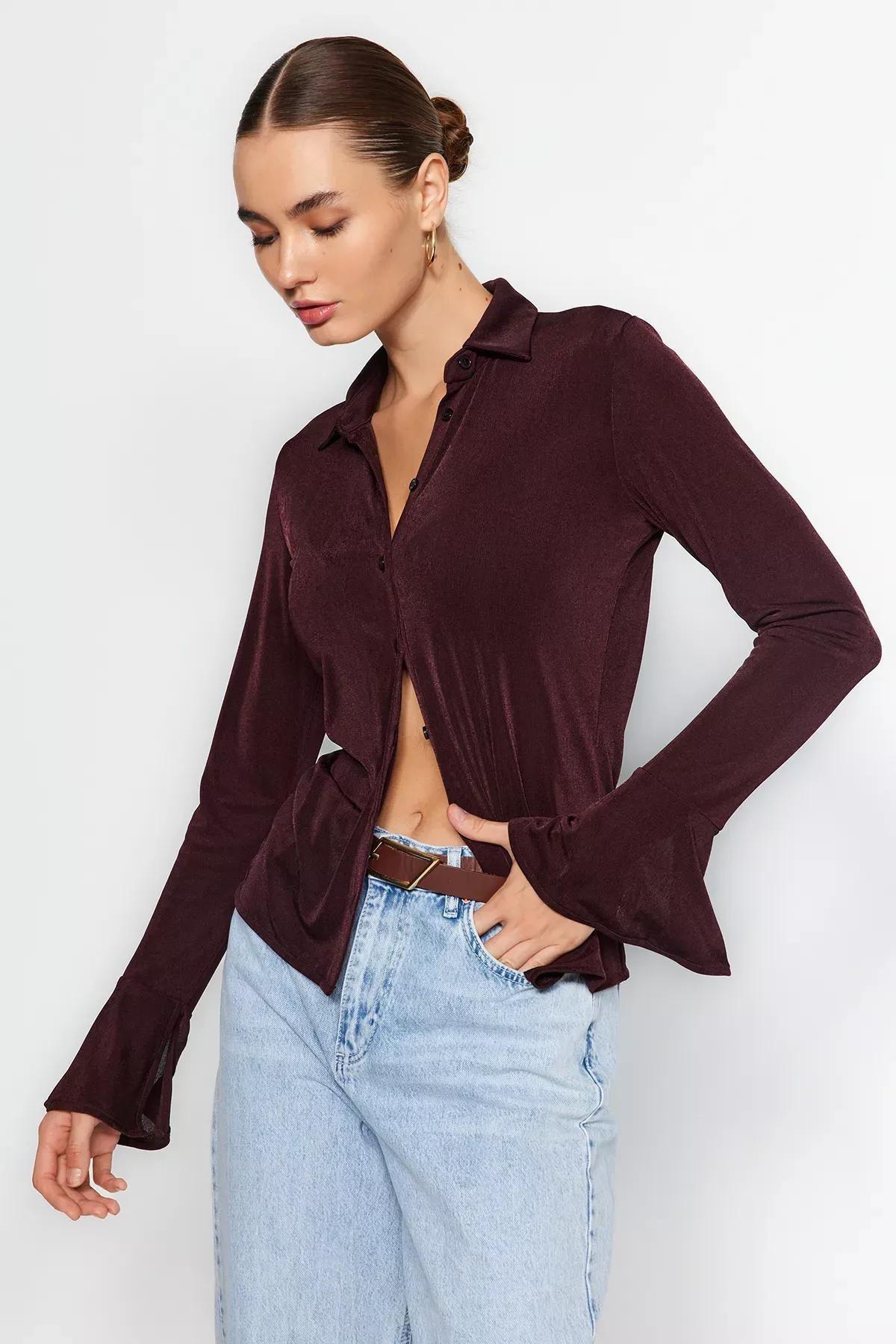 Brown Shiny Polo Button Knitted Shirt, Brown, medium