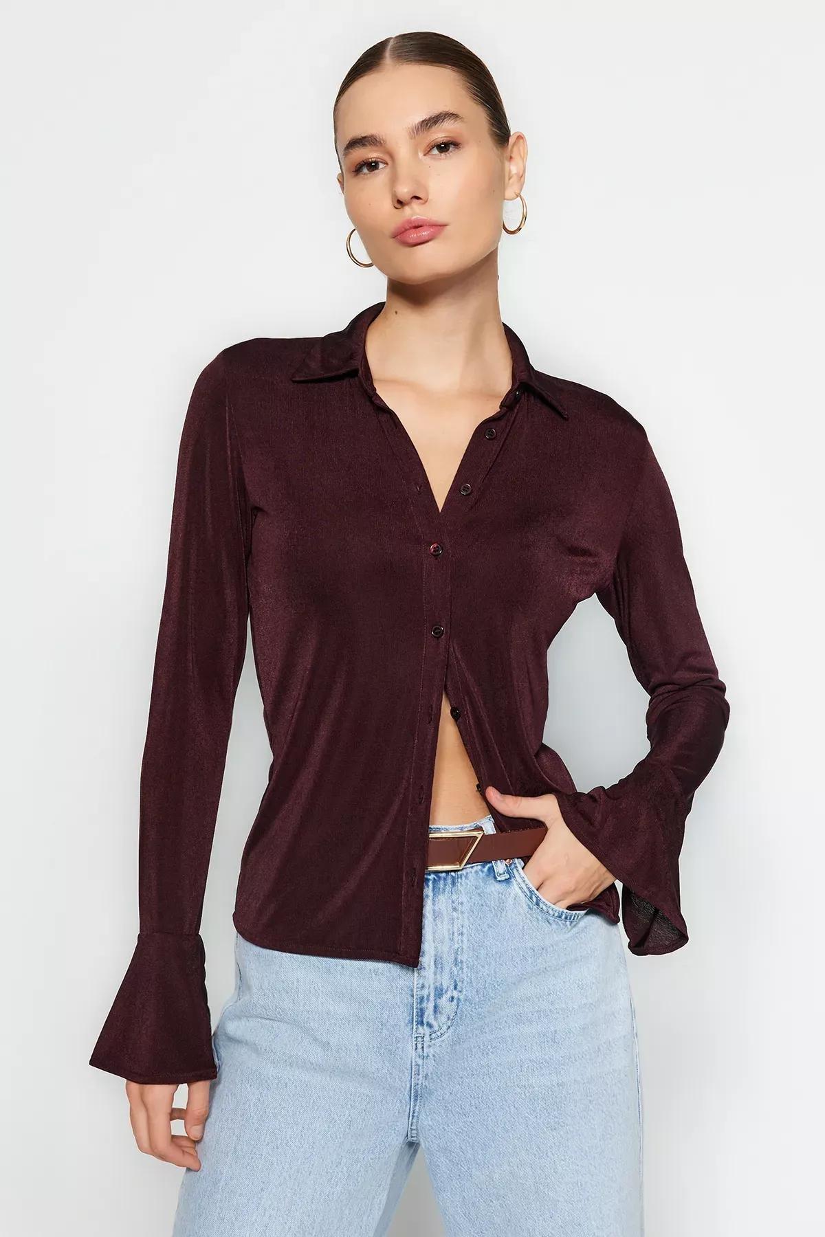 Brown Shiny Polo Button Knitted Shirt, Brown, medium