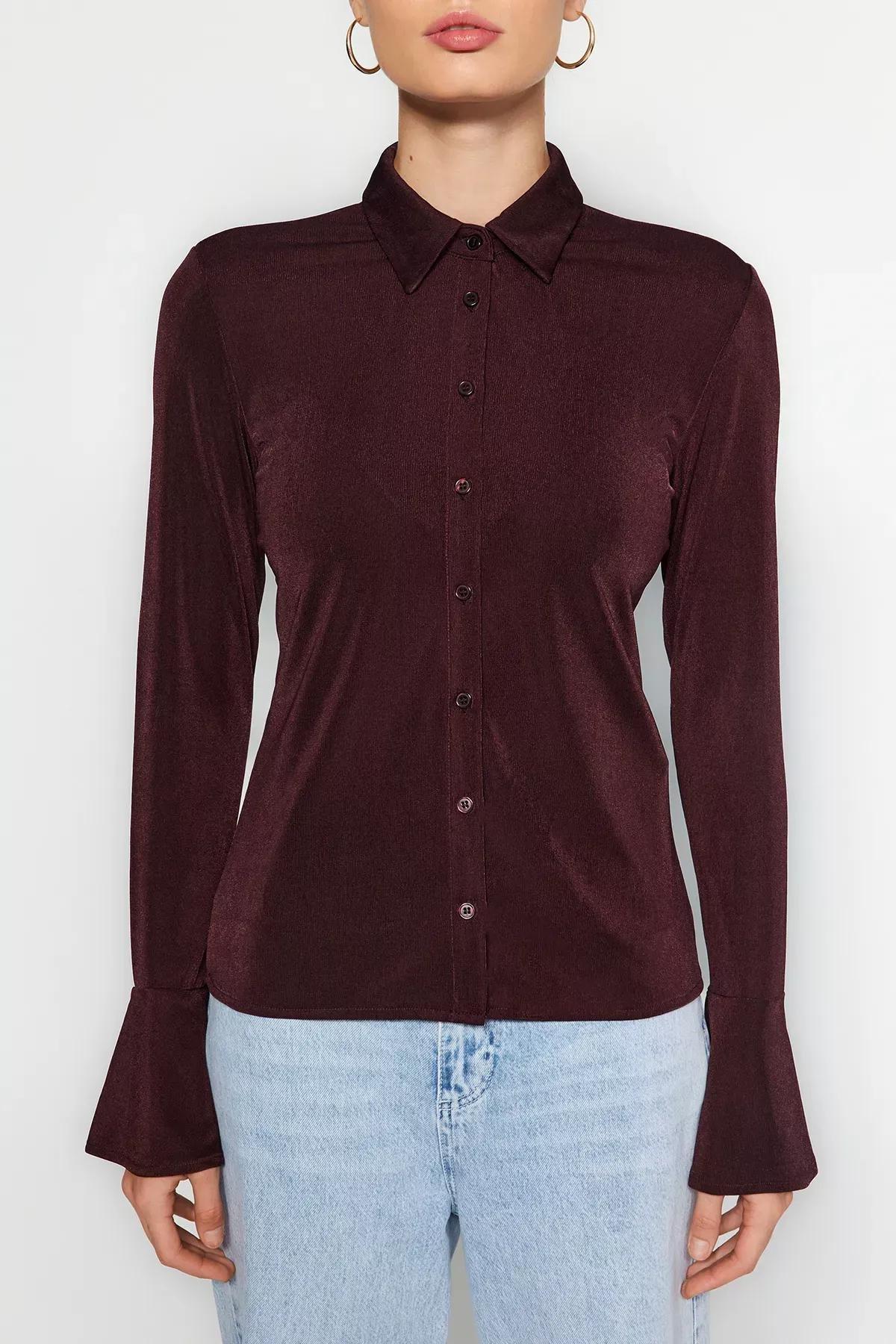 Brown Shiny Polo Button Knitted Shirt, Brown, medium