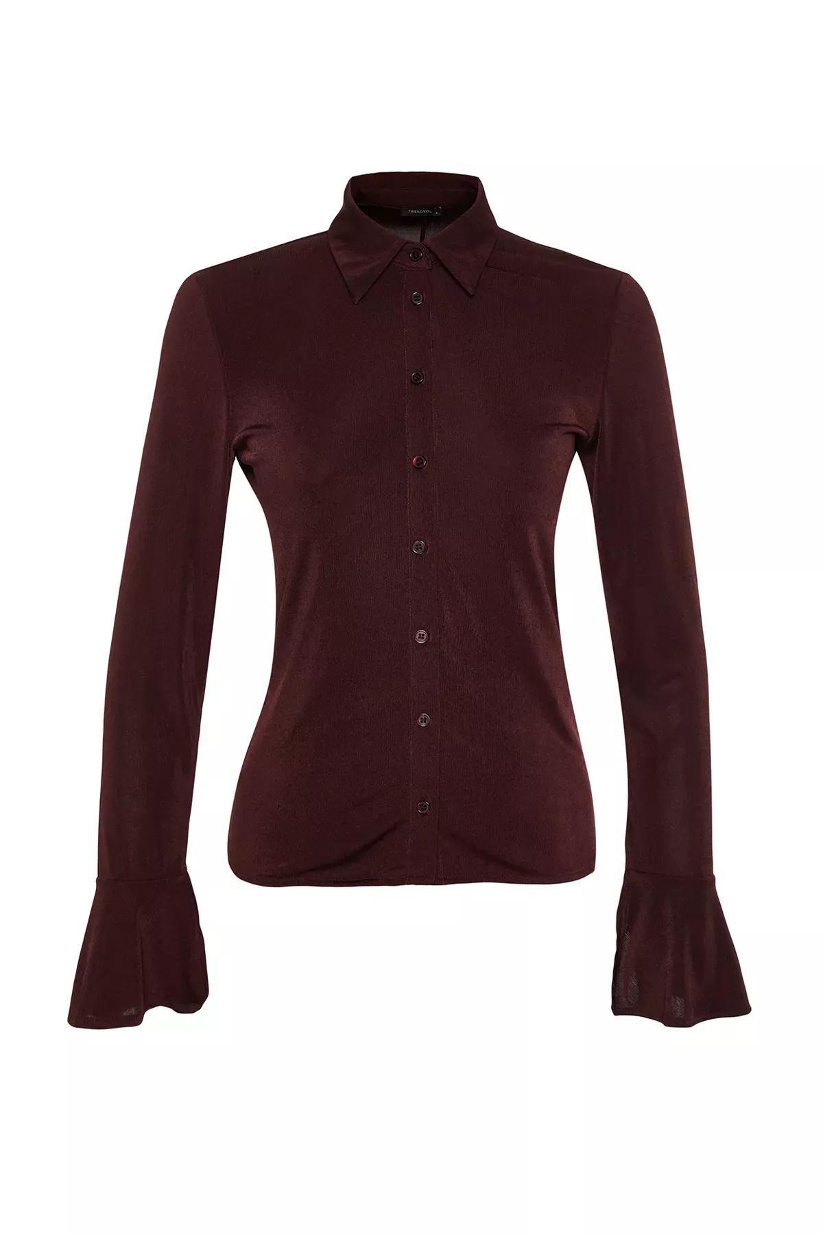 Brown Shiny Polo Button Knitted Shirt, Brown, large image number 4
