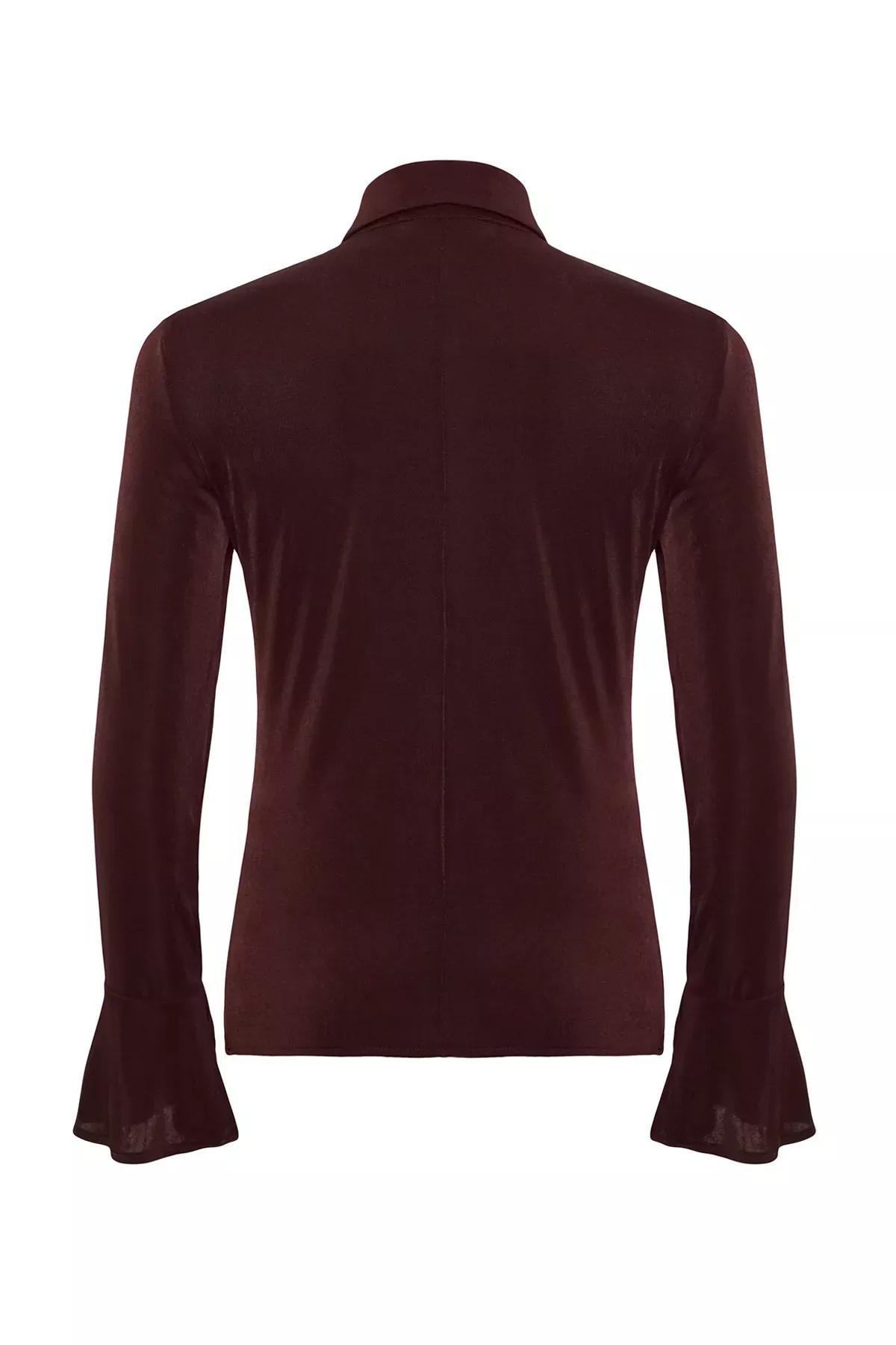 Brown Shiny Polo Button Knitted Shirt, Brown, large image number 5