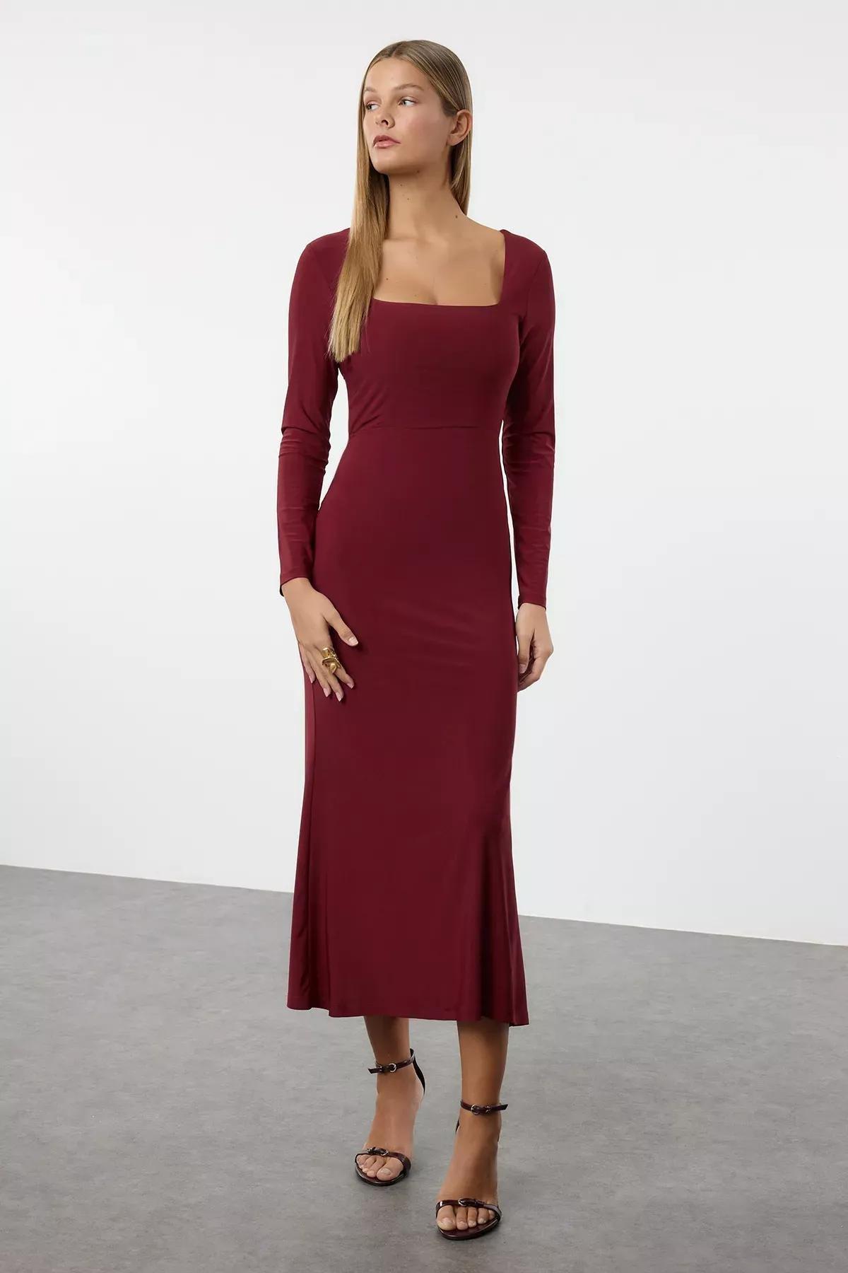Burgundy Maxi Flounced Square Neck Knitted Dress, Burgundy, large image number 0
