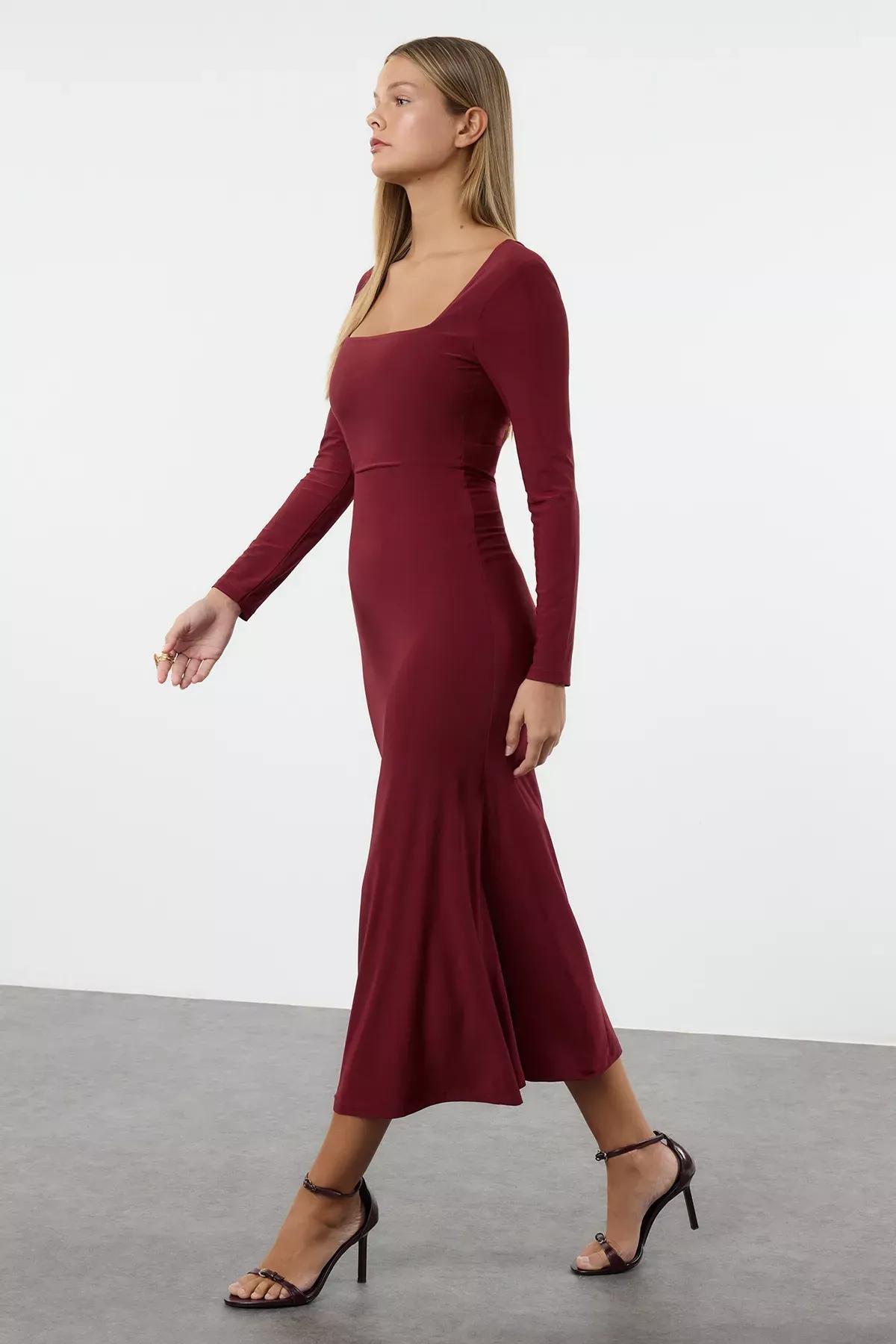 Burgundy Maxi Flounced Square Neck Knitted Dress, Burgundy, medium
