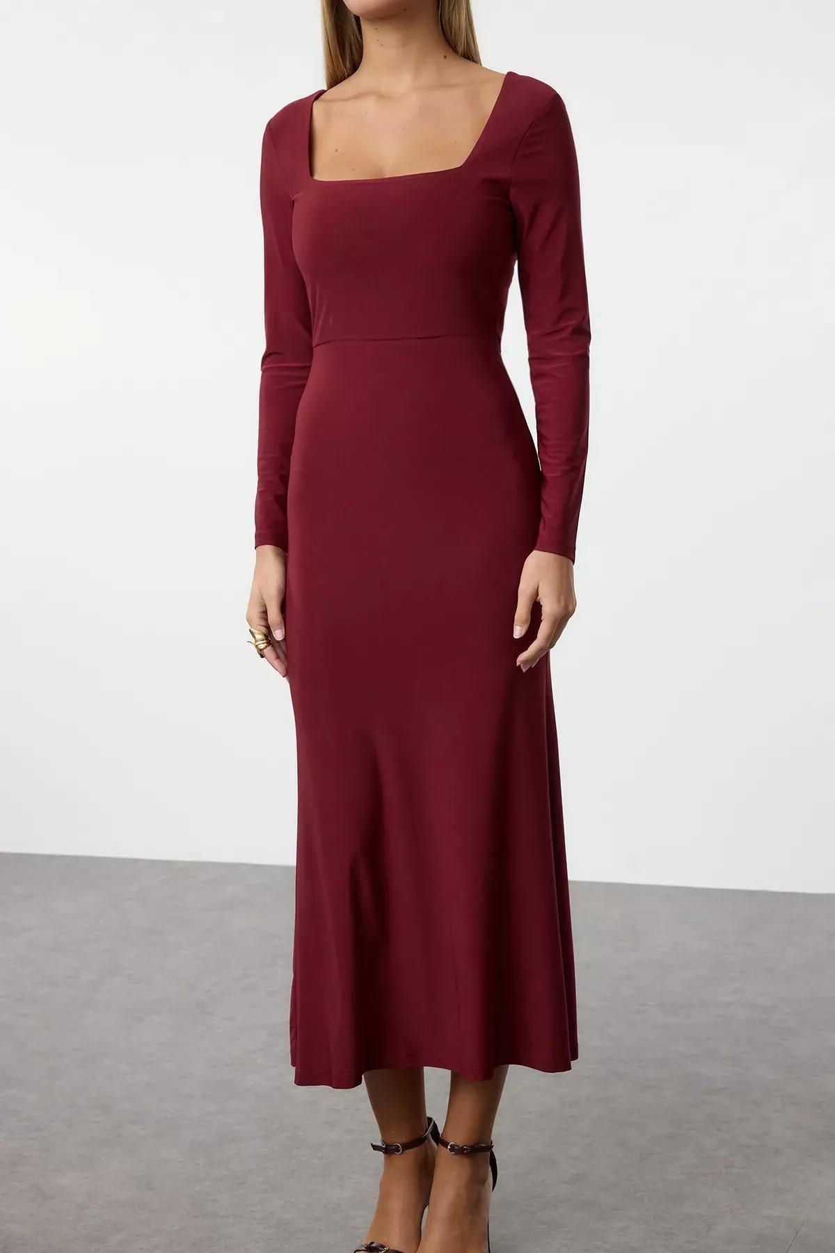 Burgundy Maxi Flounced Square Neck Knitted Dress, Burgundy, large image number 3