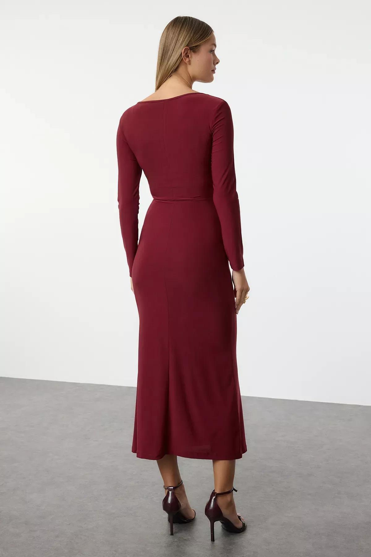 Burgundy Maxi Flounced Square Neck Knitted Dress, Burgundy, large image number 4