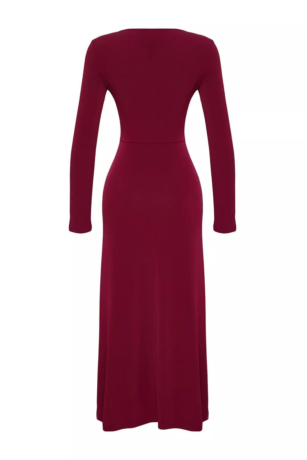 Burgundy Maxi Flounced Square Neck Knitted Dress, Burgundy, large image number 5